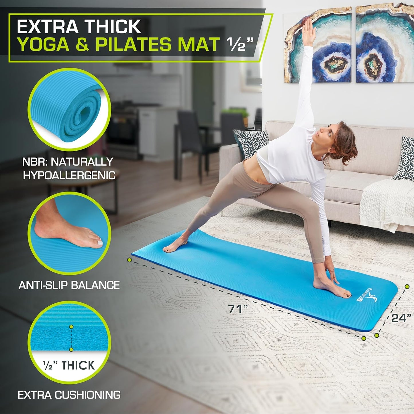 Yoga- und Pilatesmatte, 1/2" Aqua