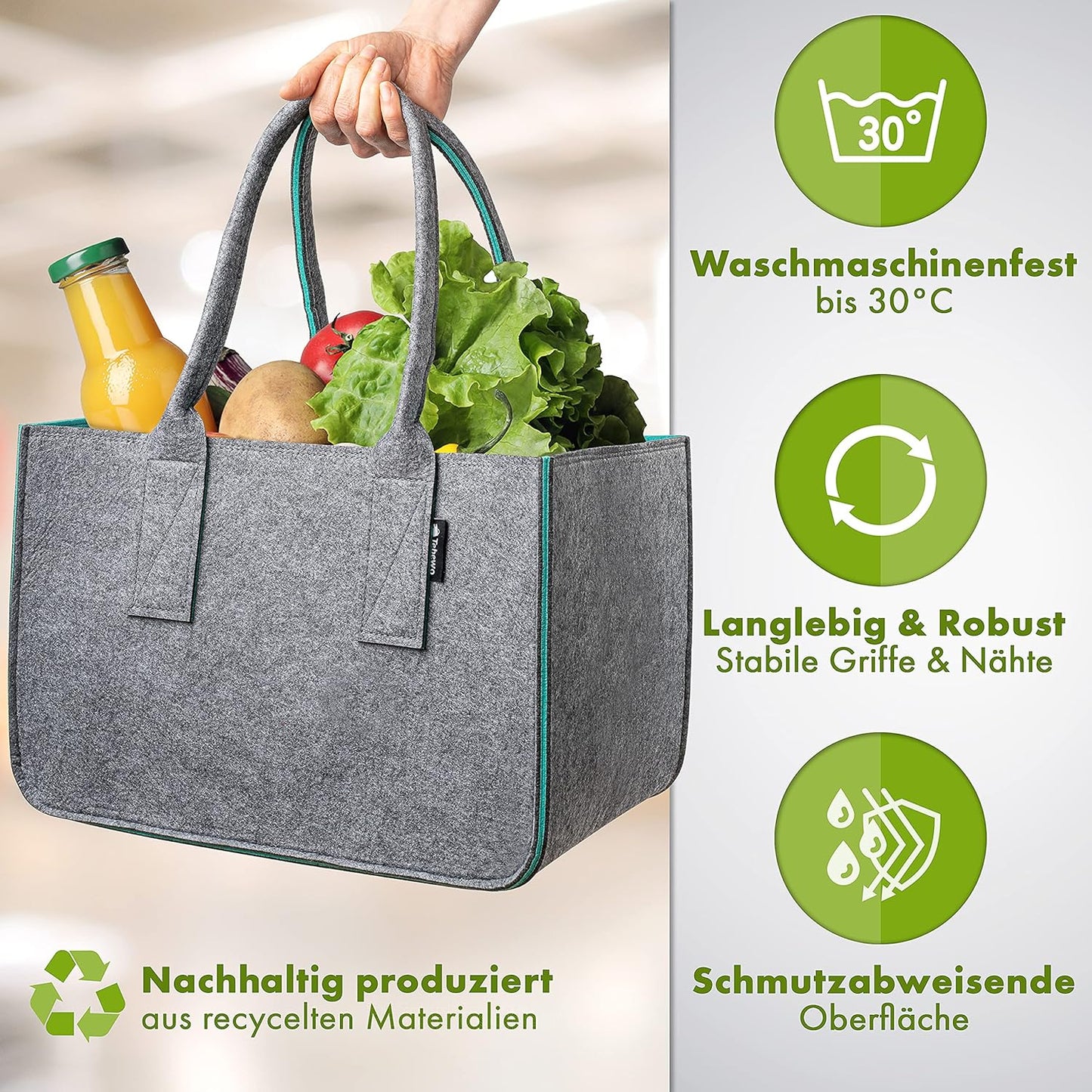 Filztasche Premium Einkaufskorb faltbar, Dunkelgrau 2 / Dunkelgrau 1