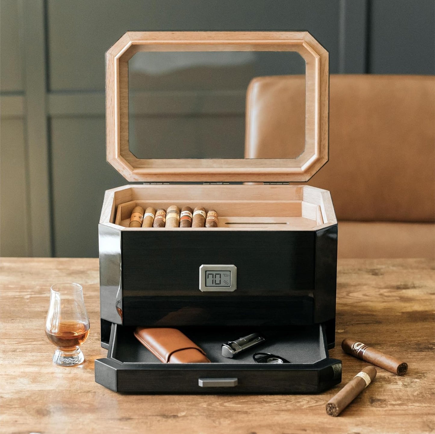 Humidor mit digitalem Hygrometer und Zubehörschublade, Schwarz