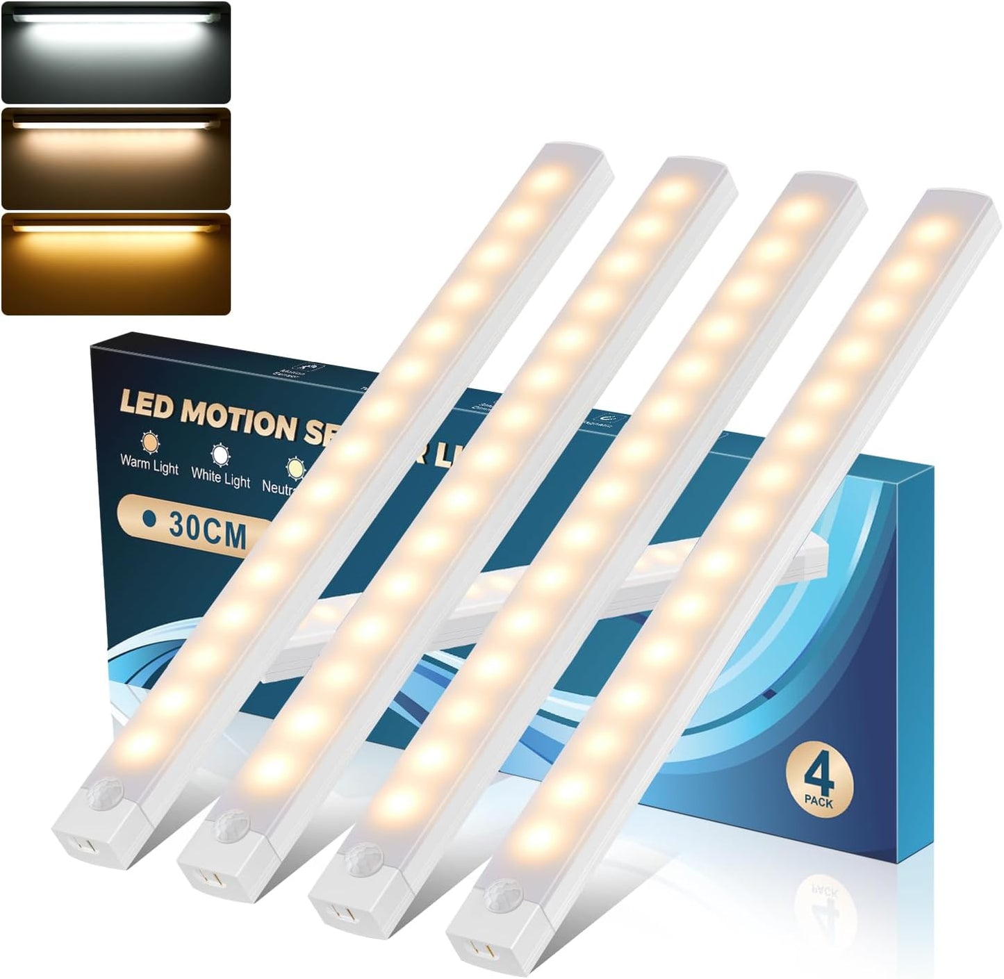 4er-Set LED Schrank- und Unterbauleuchte mit Bewegungsmelder, 30cm 4 Stück
