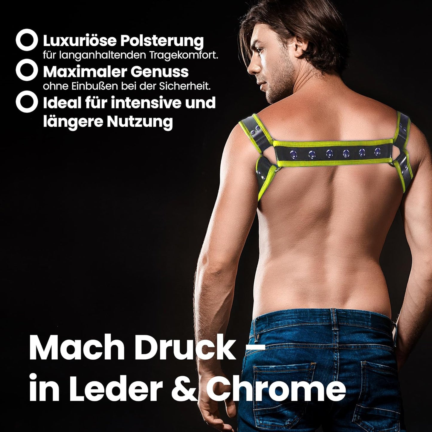Verstellbares Leder-Harness für Herren, S Schwarz/Gelb