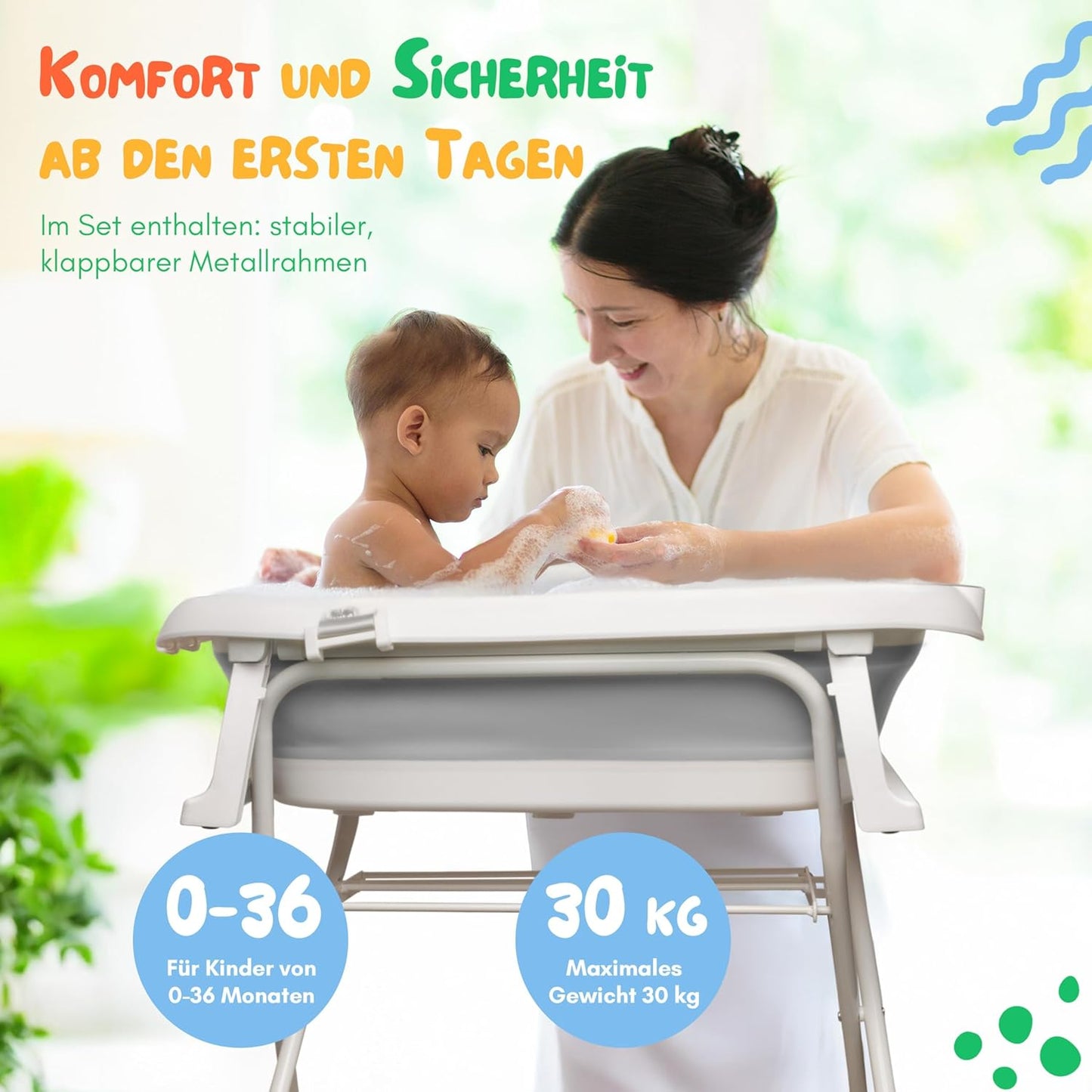 Faltbare Babybadewanne mit Gestell und Thermometer, Grau 84,5cm Höhe - mit Ständer