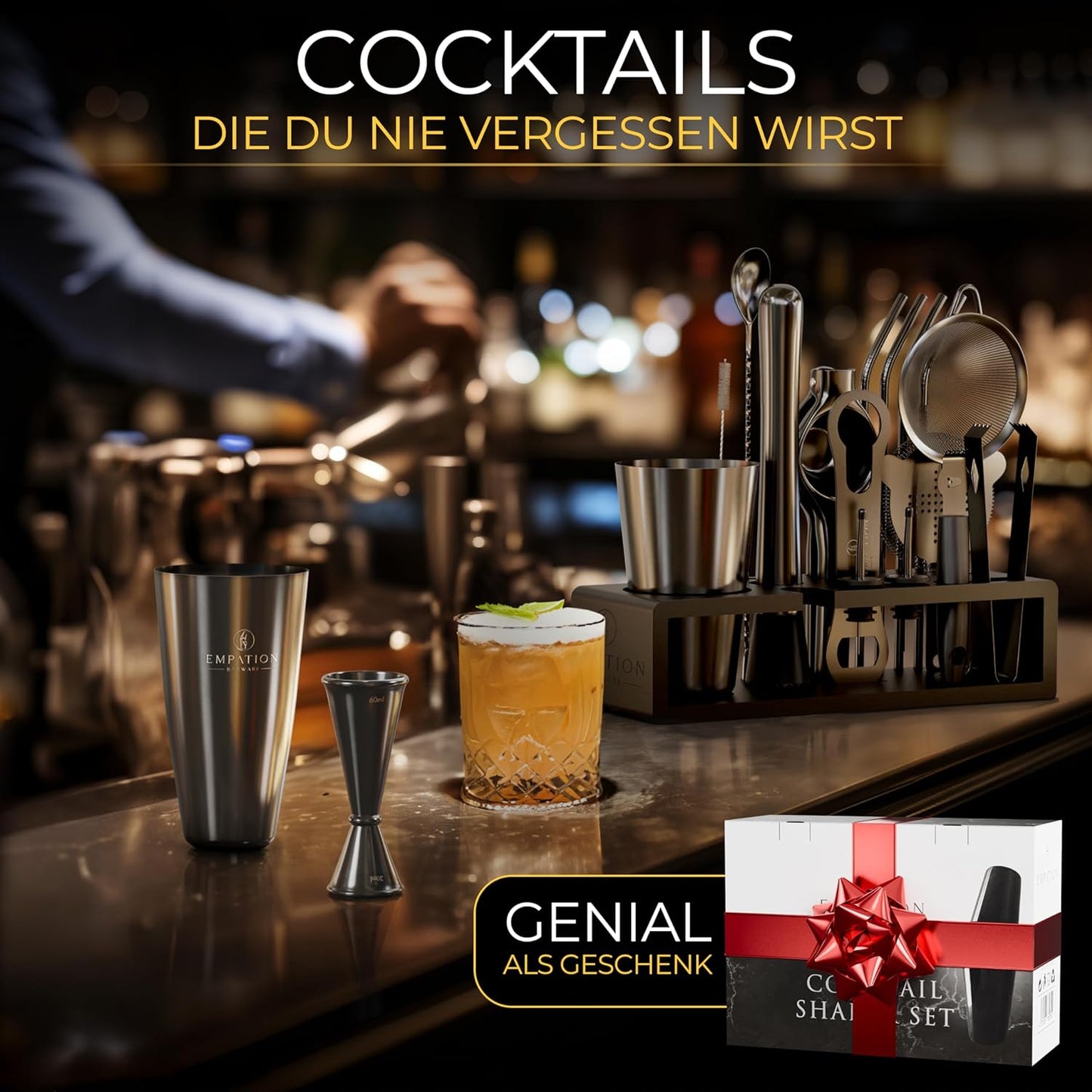Cocktail-Shaker-Set mit Bar Zubehör (Testsieger), Schwarz