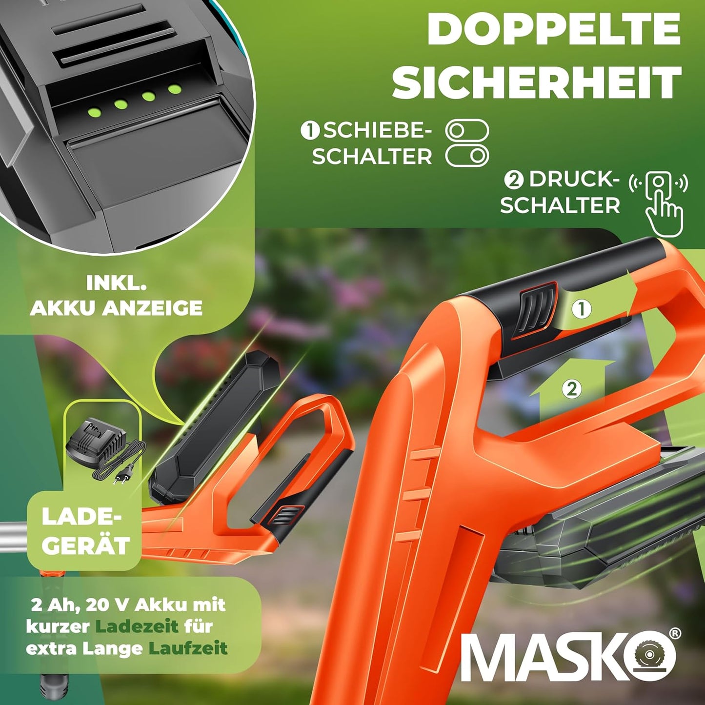 Akku-Rasentrimmer mit Teleskopstiel & 20 Nylonklingen, Orange