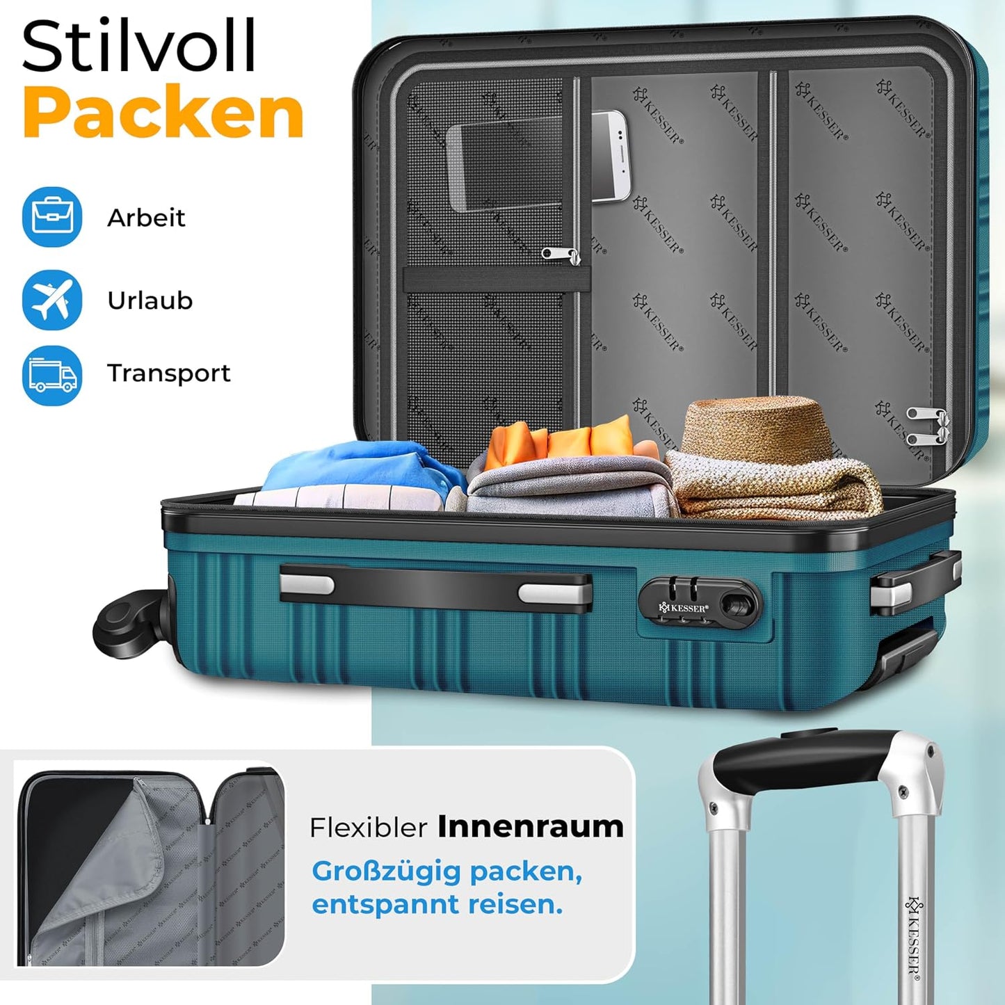 3tlg. Hartschalenkofferset Hartschalenkoffer Reisekoffer Set, Petrol Grün