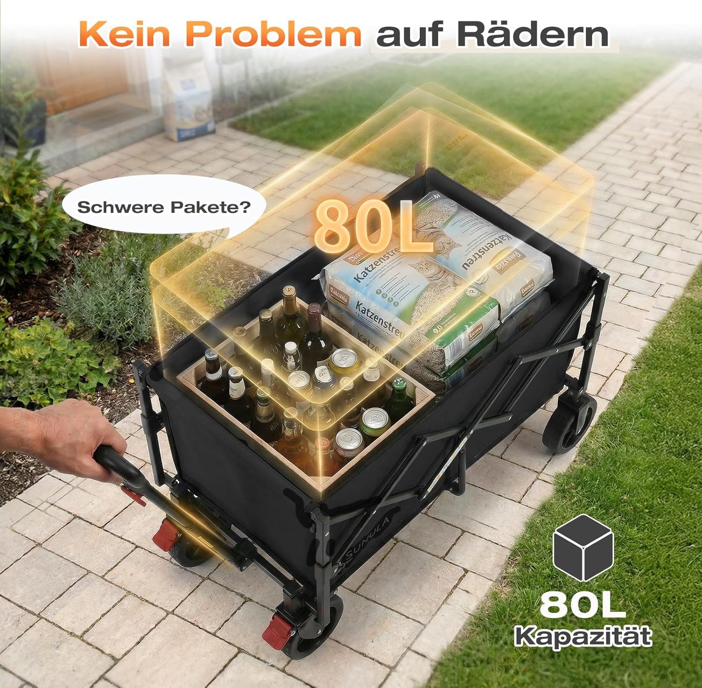 Faltbarer Geländewagen mit Bremsen, Schwarz 80L