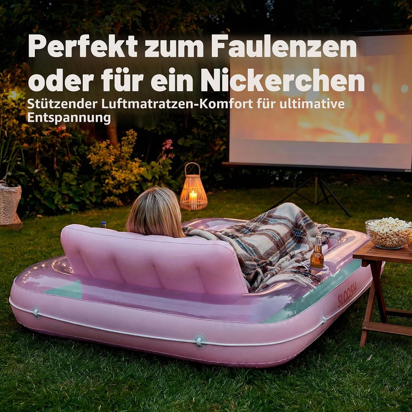 Aufblasbarer Sonnenpool mit abnehmbarem Kissen und Getränkehalter, Cyan-Pink L
