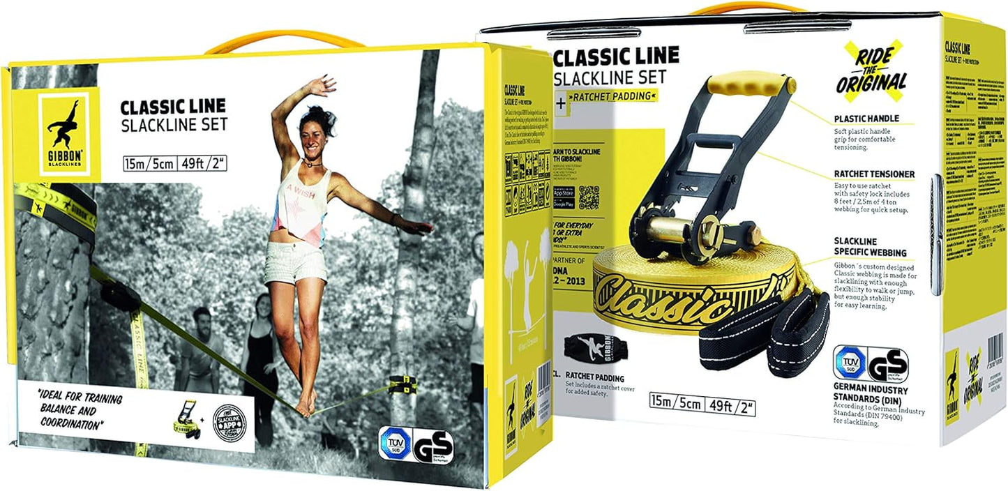 Slackline Set Classic, 15m Komplettset, Gelb STANDARD Gibbon Slacklines Classic