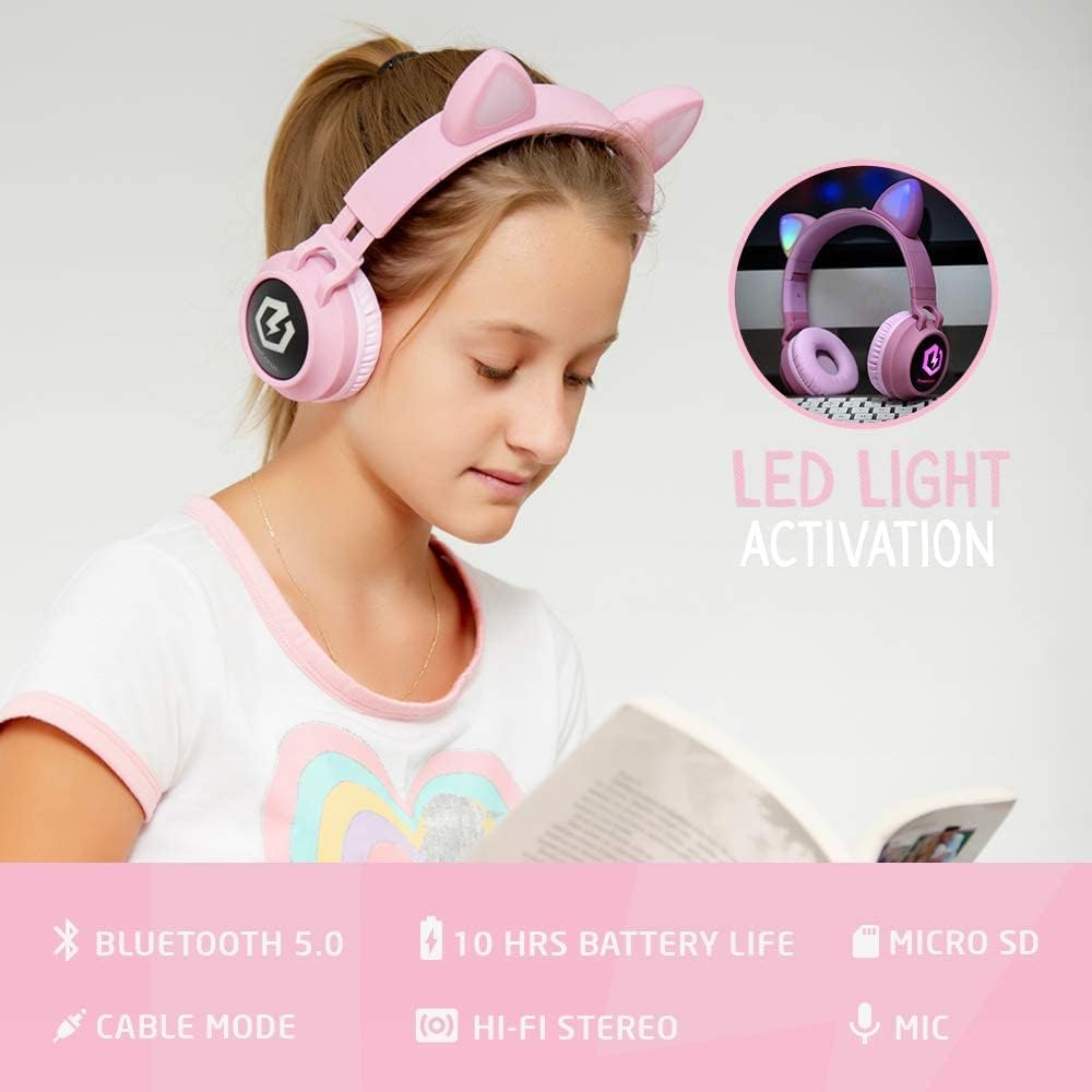 Bluetooth Kinderkopfhörer mit LED Katzenohren, Rosa