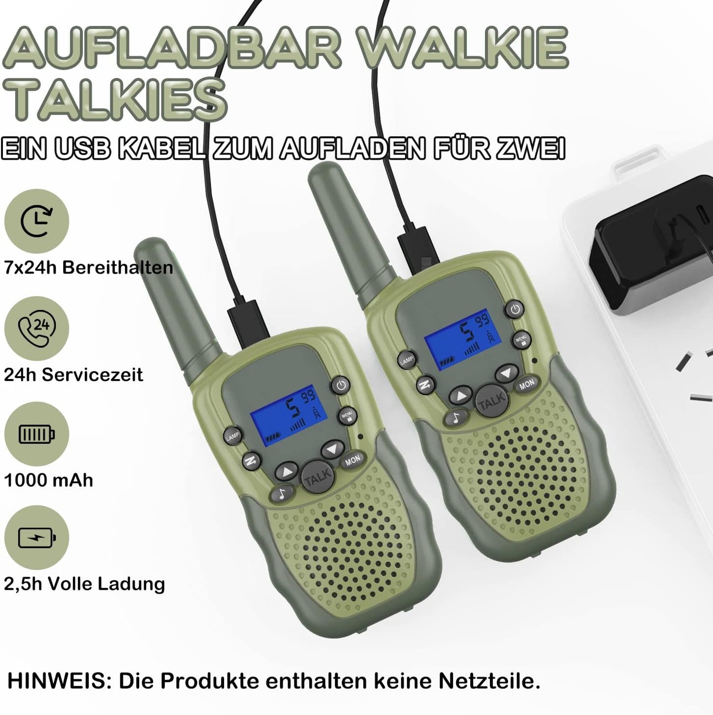 Wiederaufladbare Kinder-Walkie-Talkies 8 Kanäle, Armee Grün