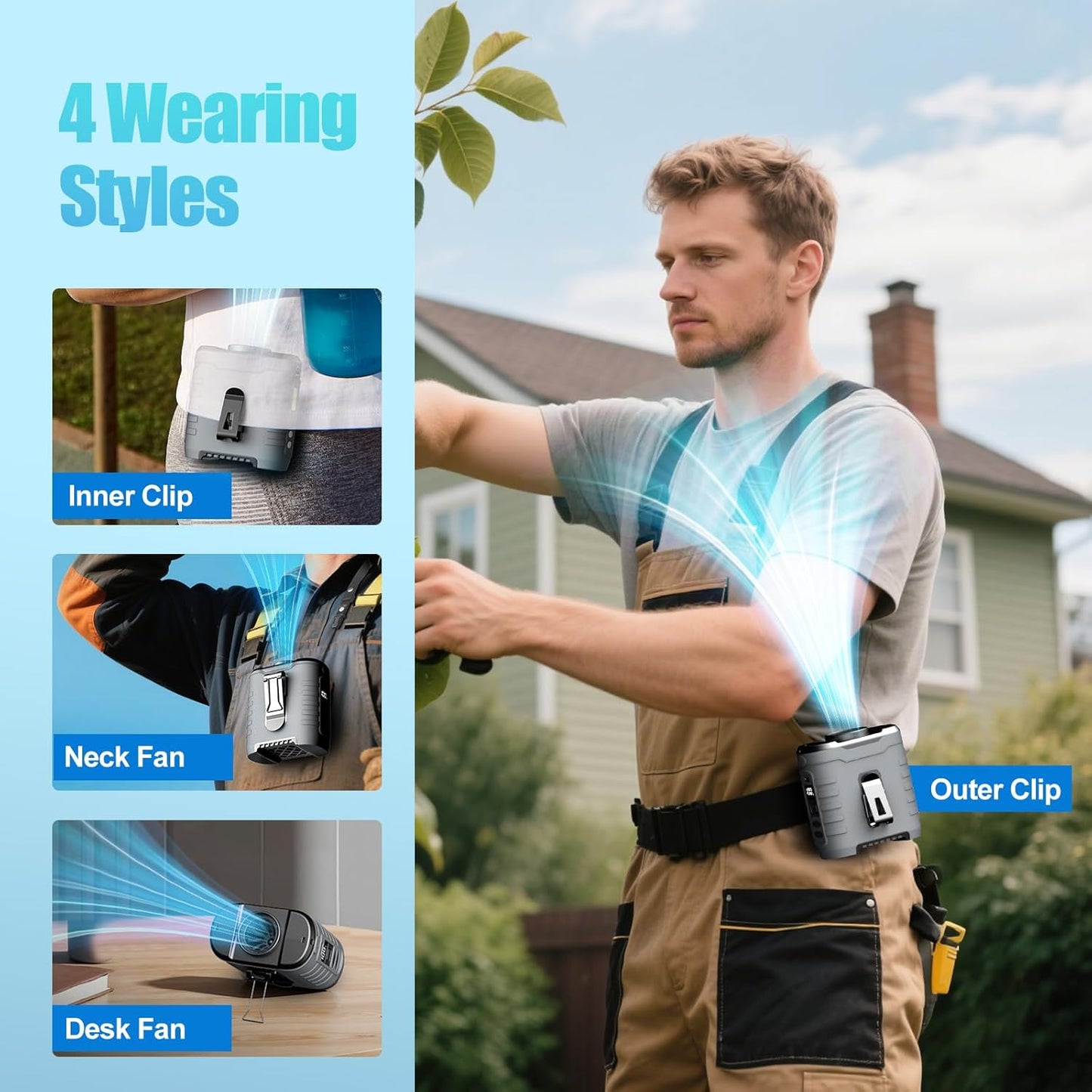 6-in-1 Taillenclip Ventilator mit Powerbank & COB-Licht, Titan Grau