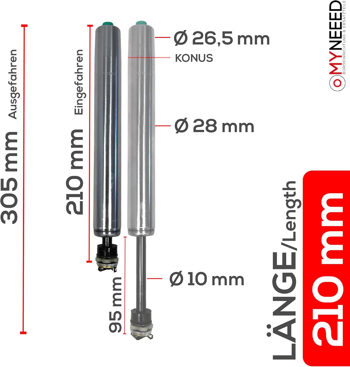 Gasdruckfeder Ersatz für Bürostuhl, 210 mm