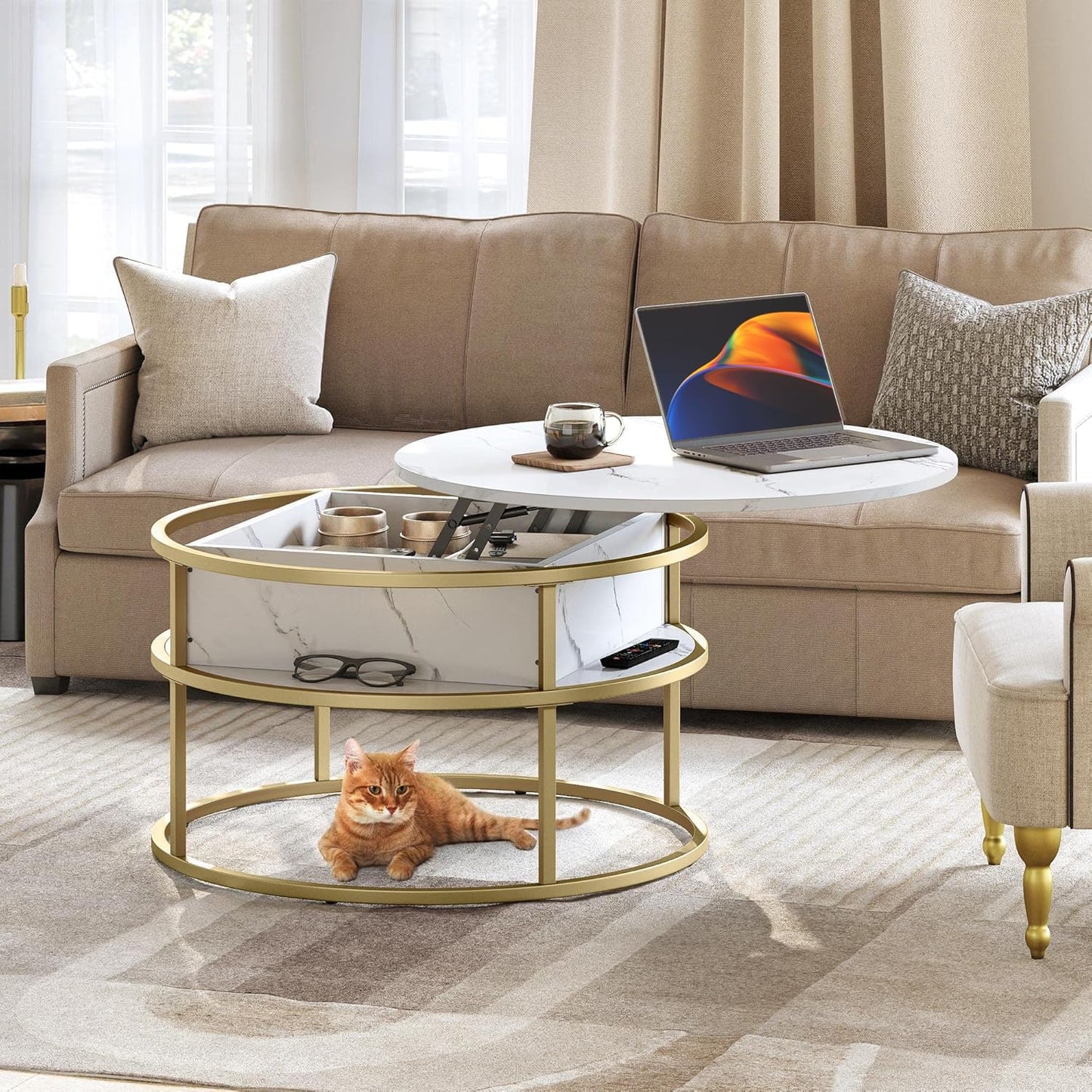 Runder Couchtisch mit Stauraum, Weiss&gold 80x80x47cm