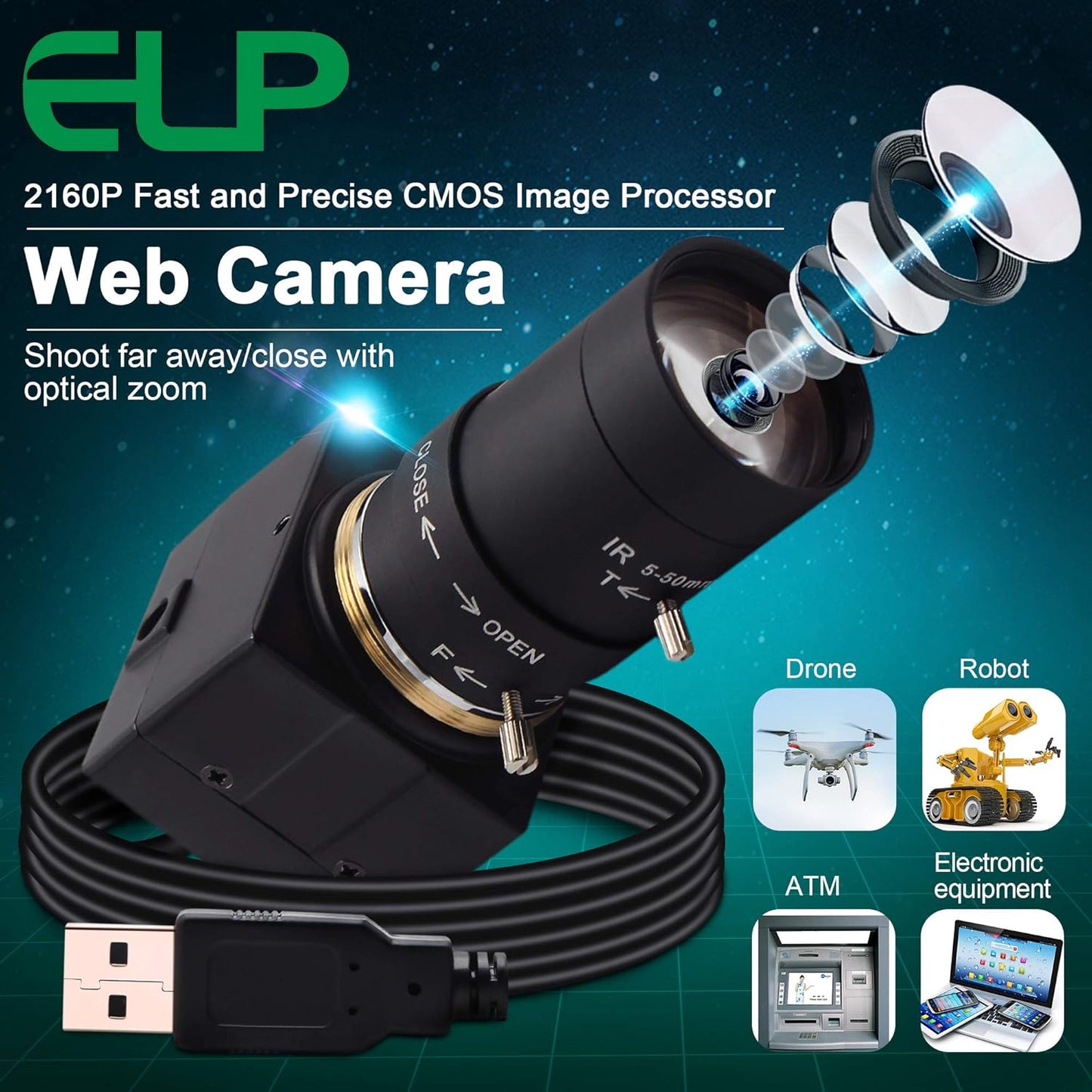 4K UHD Webcam mit manuellem Zoomobjektiv (5-50mm), 4K 2160P Webcam