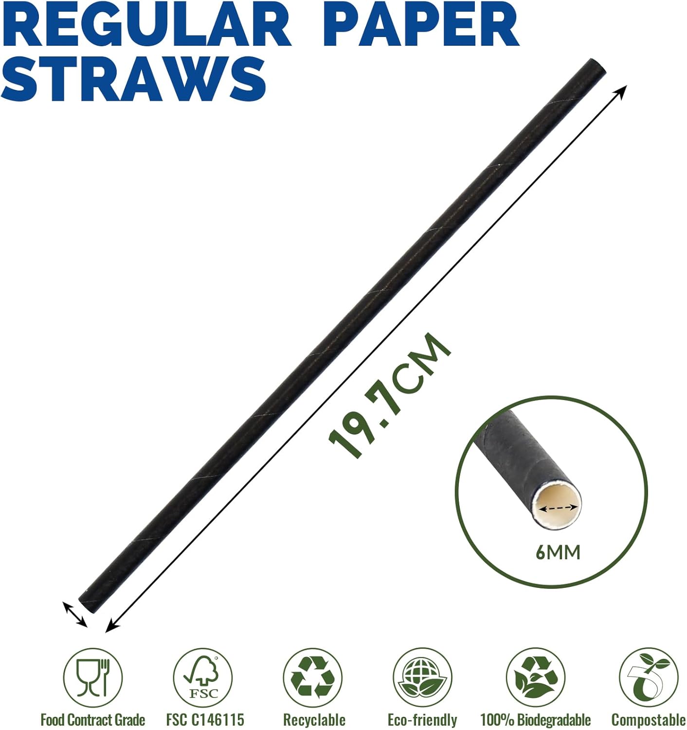 Biologisch abbaubare Papier-Trinkhalme, 19,7x0,6cm - 500Stück Solide Schwarz