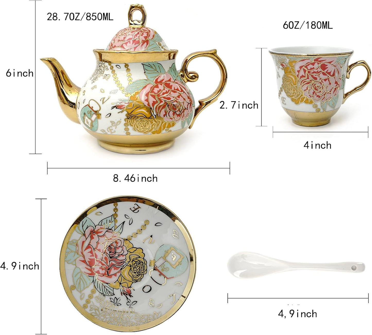 Gold Plated Red Rose Teeservice für 6 Personen, Large Rot mit Goldenen Details