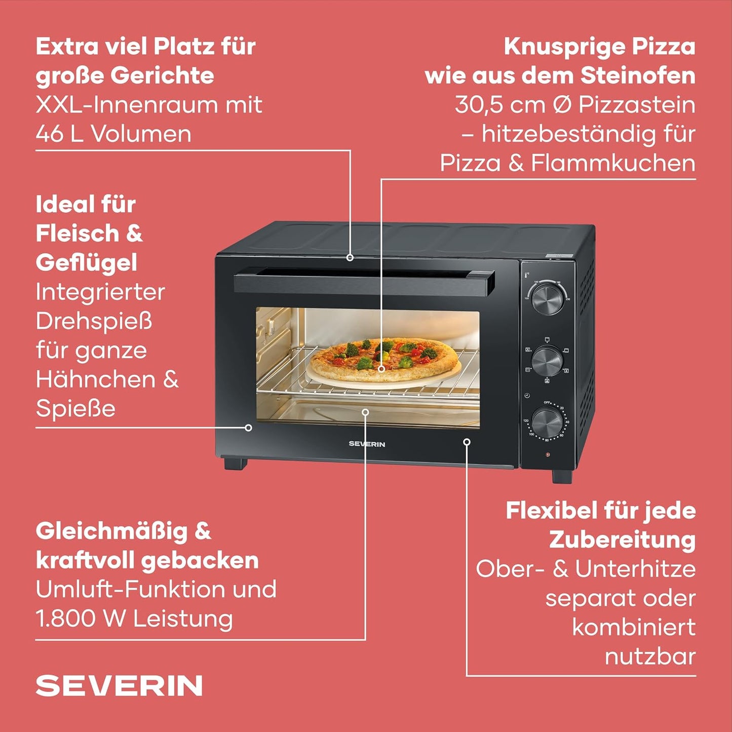 Back- und Toastofen mit Umluftfunktion 46L, Schwarz 46L