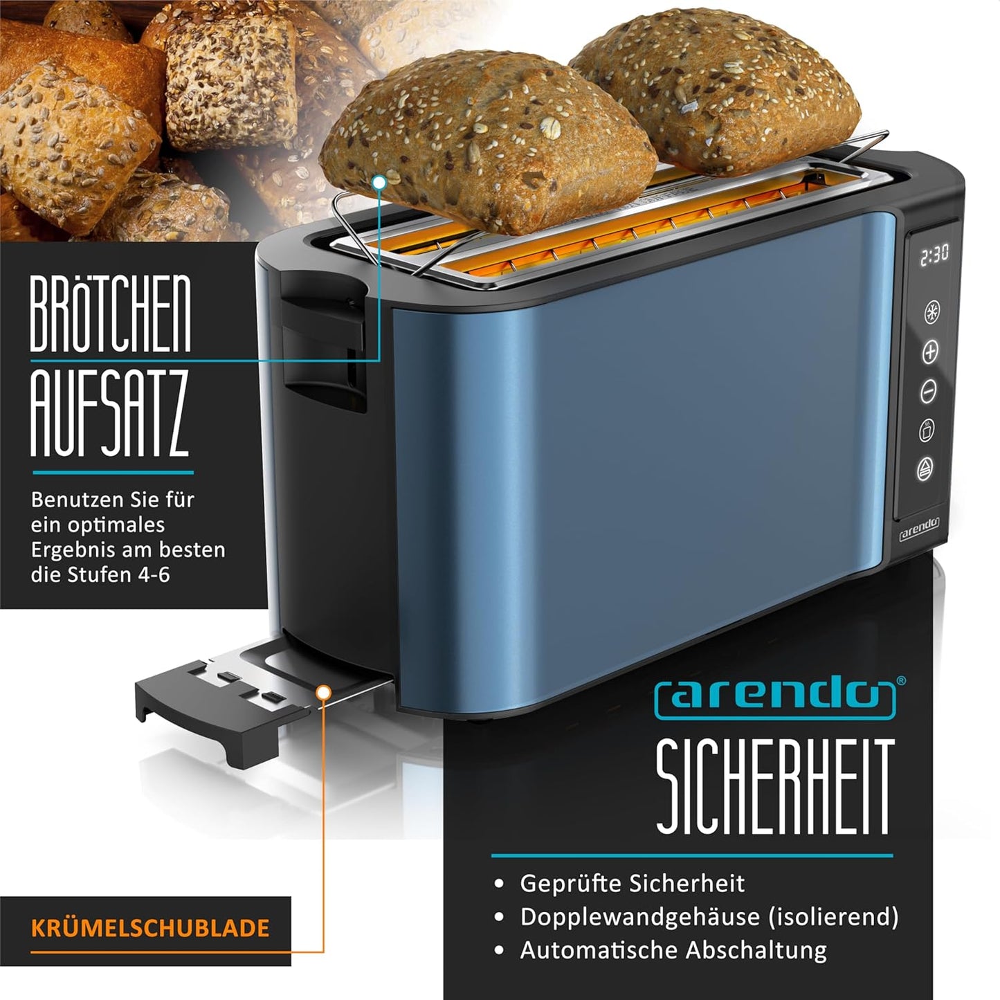 Edelstahl Langschlitztoaster mit Touchscreen, D: Blau