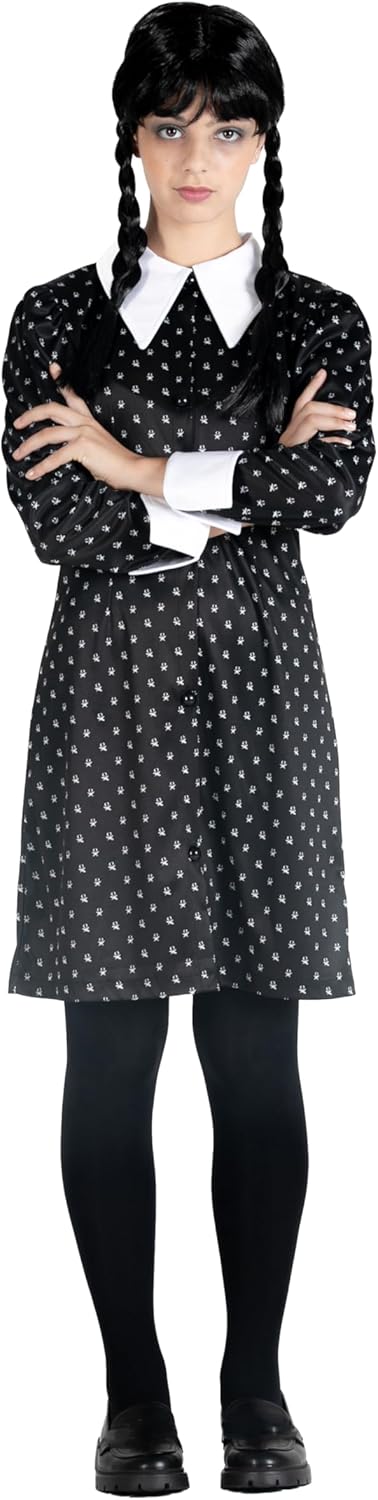 Wednesday Addams Kostüm mit Perücke, 6/8 Jahre (S-140 cm) Dress with wig