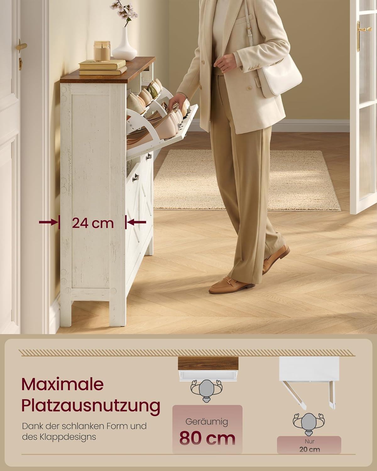 LIRY Kollektion Schuhschrank mit 4 Klappen im Landhausstil, Vintageweiss 24T x 127B x 86,8H cm