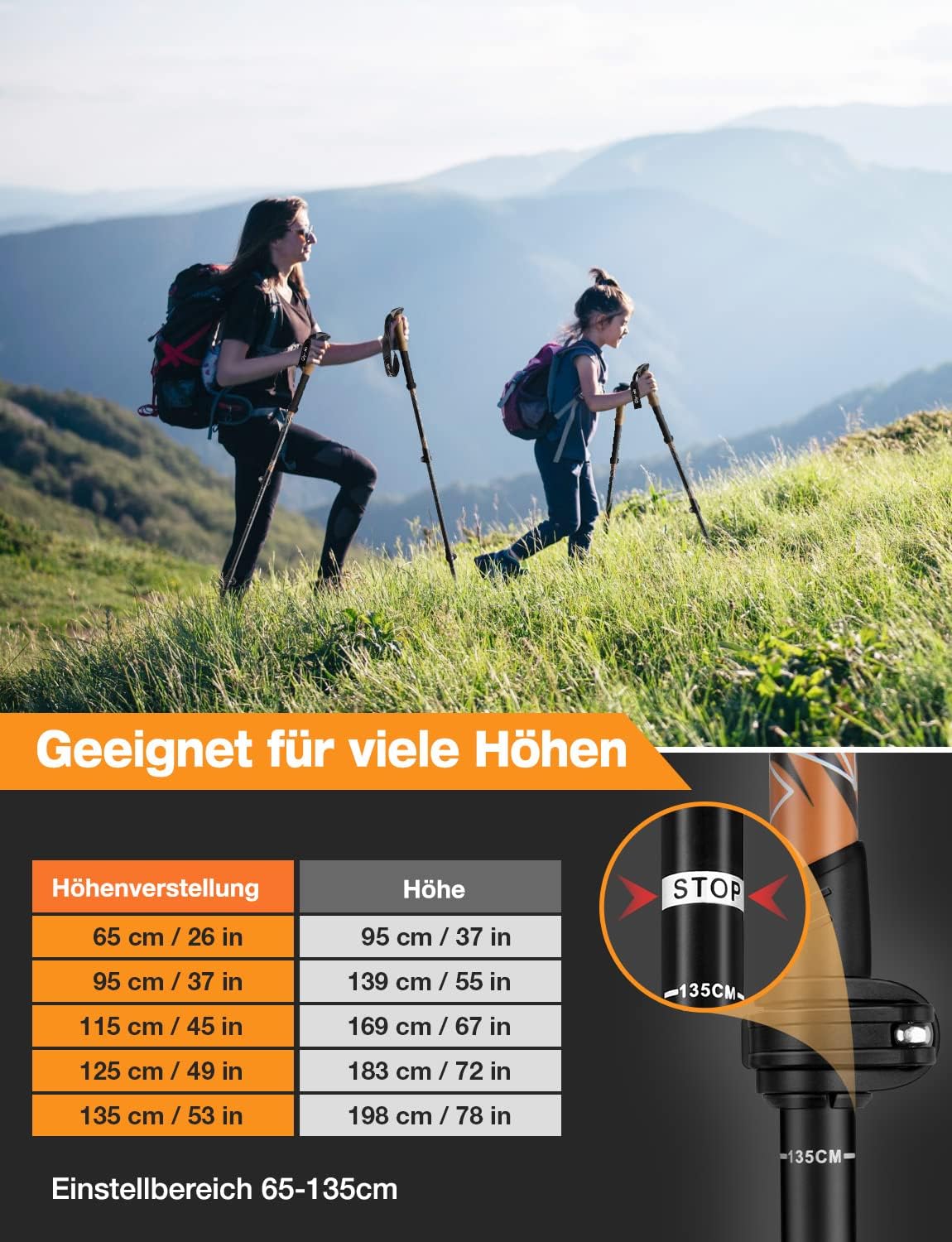 Nordic Walking Stöcke, verstellbar 65-135cm