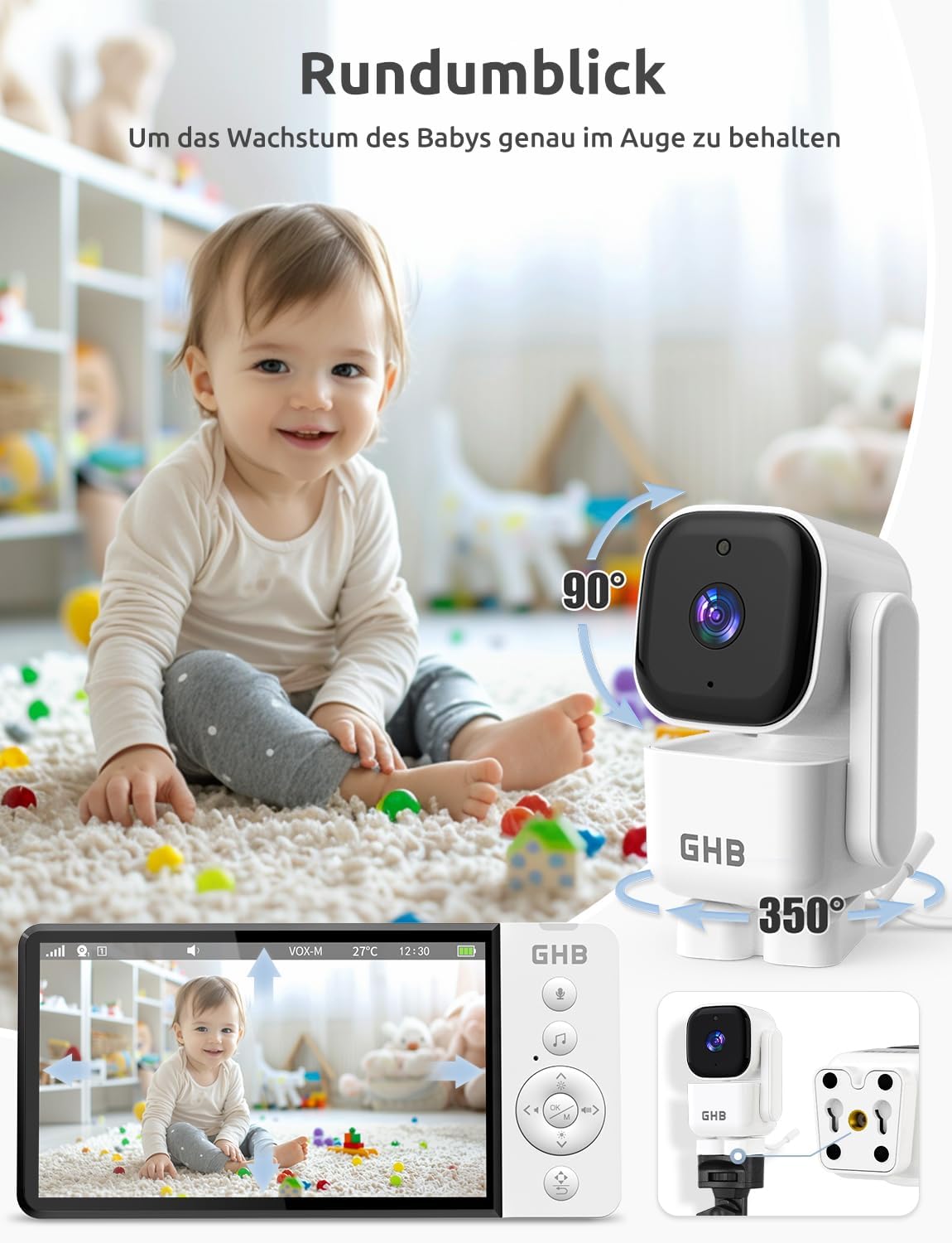 ABM720F Babyphone mit Kamera, 5 Zoll HD-Display und VOX-Funktion, Schwenkbar