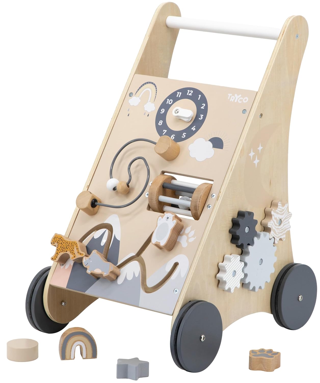 Lauflernwagen aus Holz mit Motorikspiel, Natur/Weiss (neutral).