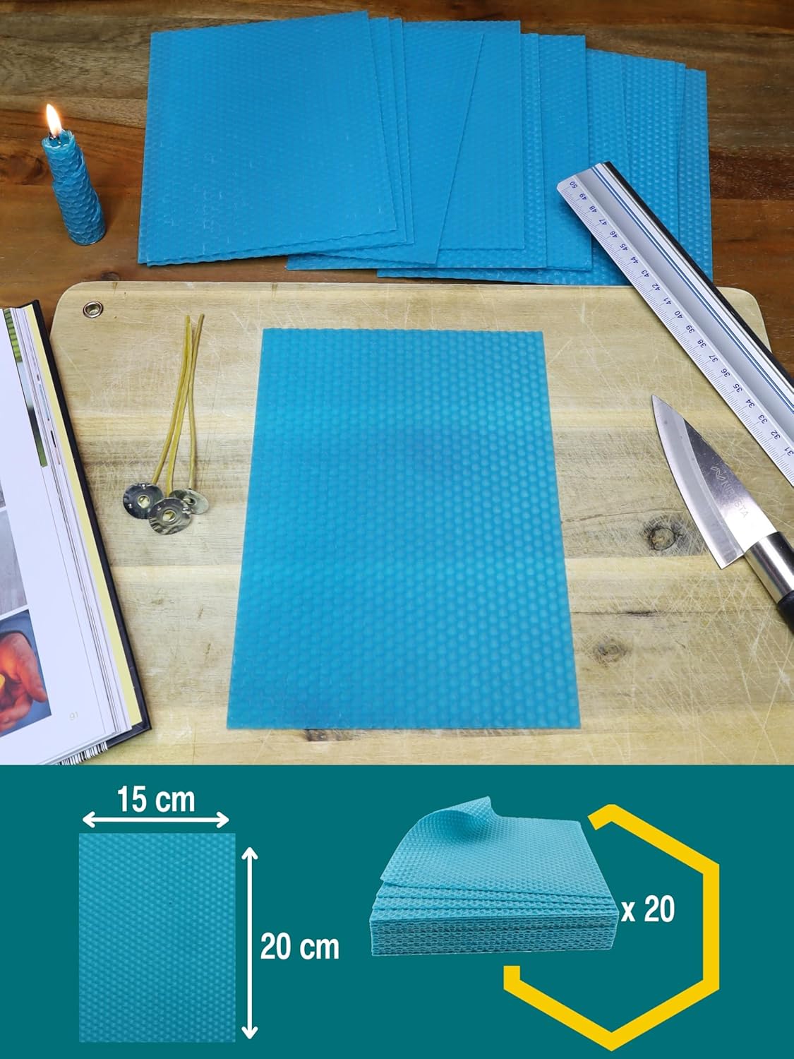 20er Set Bienenwachsplatten für Kerzenherstellung, Türkis | 20 X 15 cm