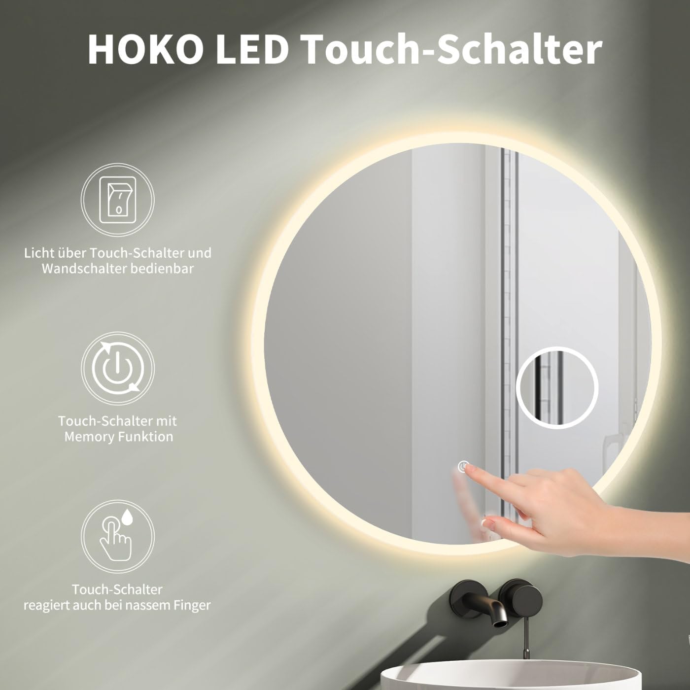 Runder LED-Badspiegel mit Kosmetikspiegel (80 cm), 80L x 80B cm Rund mit Kosmetikspiegel