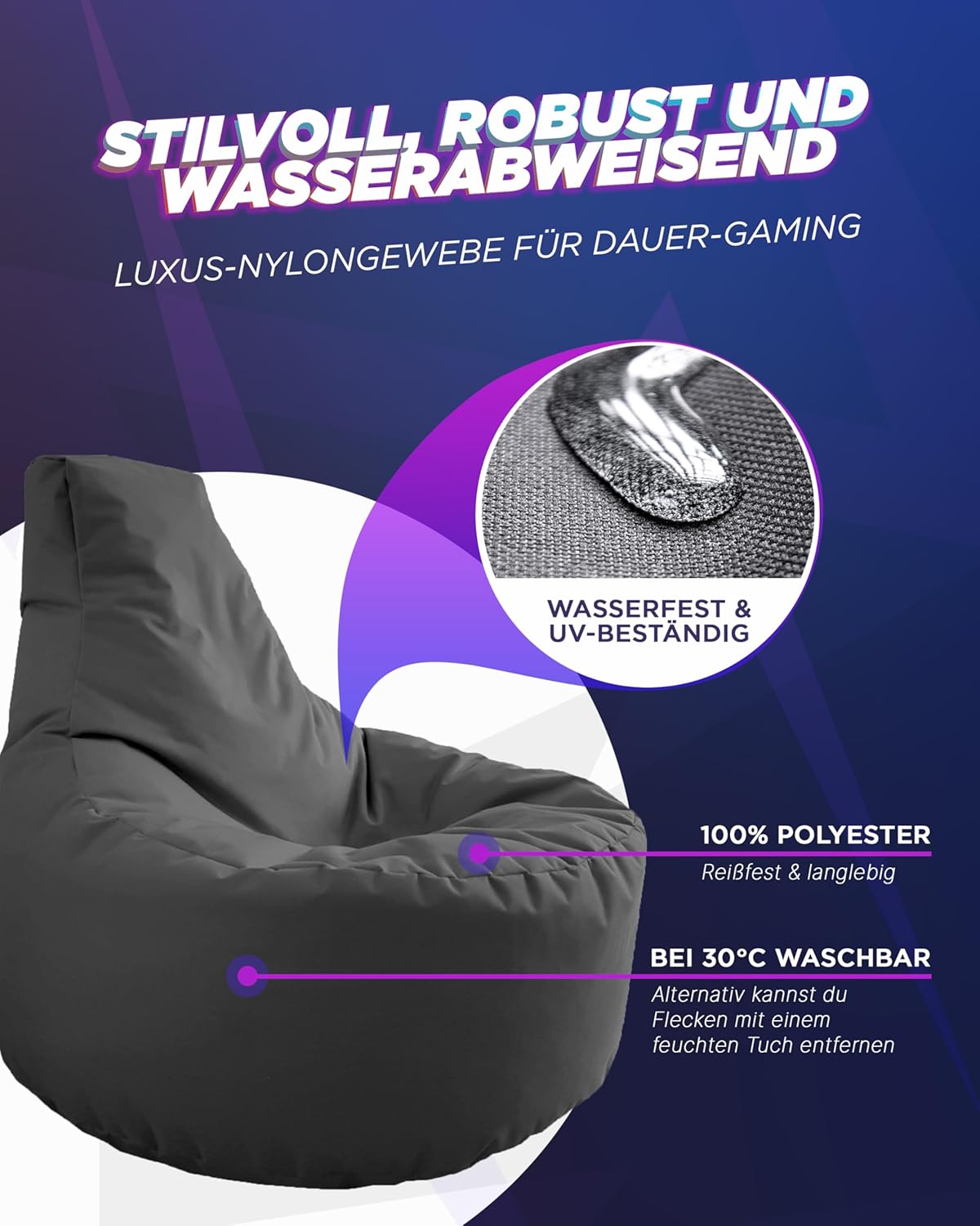 Gamer Lounge Sitzsack, Ø 75cm x Höhe 80cm, Anthrazit