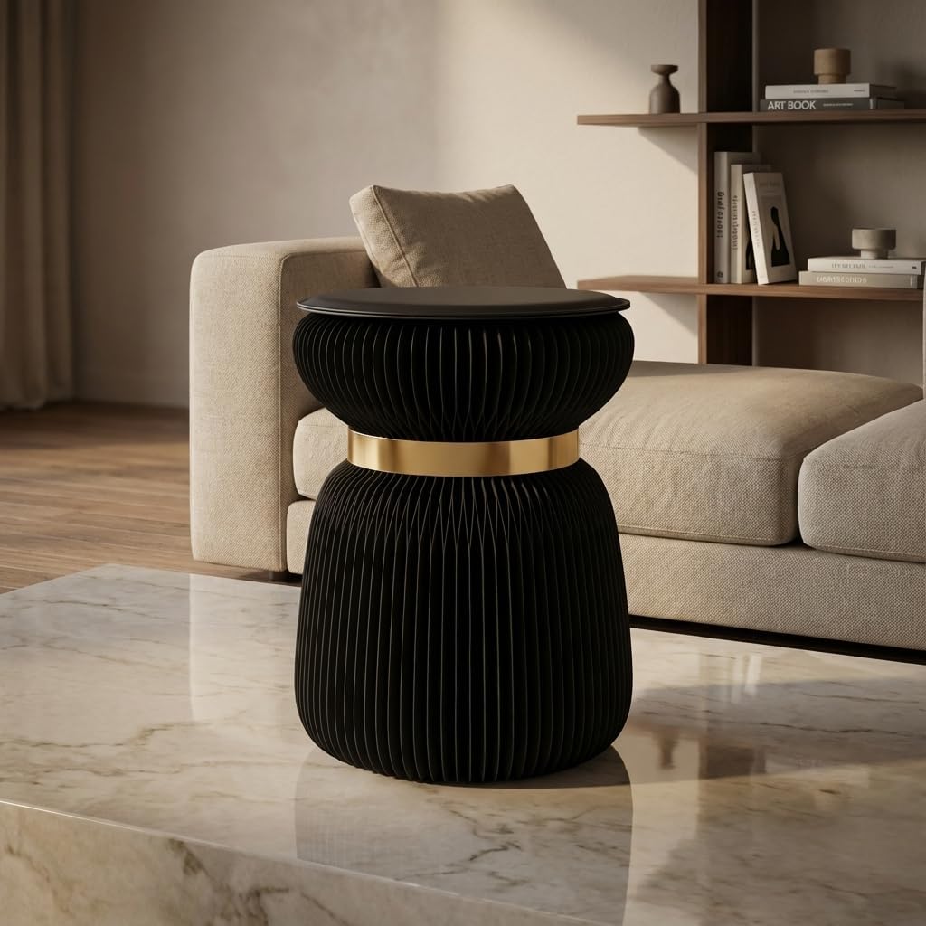 Papierhocker Papli Lux mit 180 Lamellen, Schwarz mit Goldenem Band