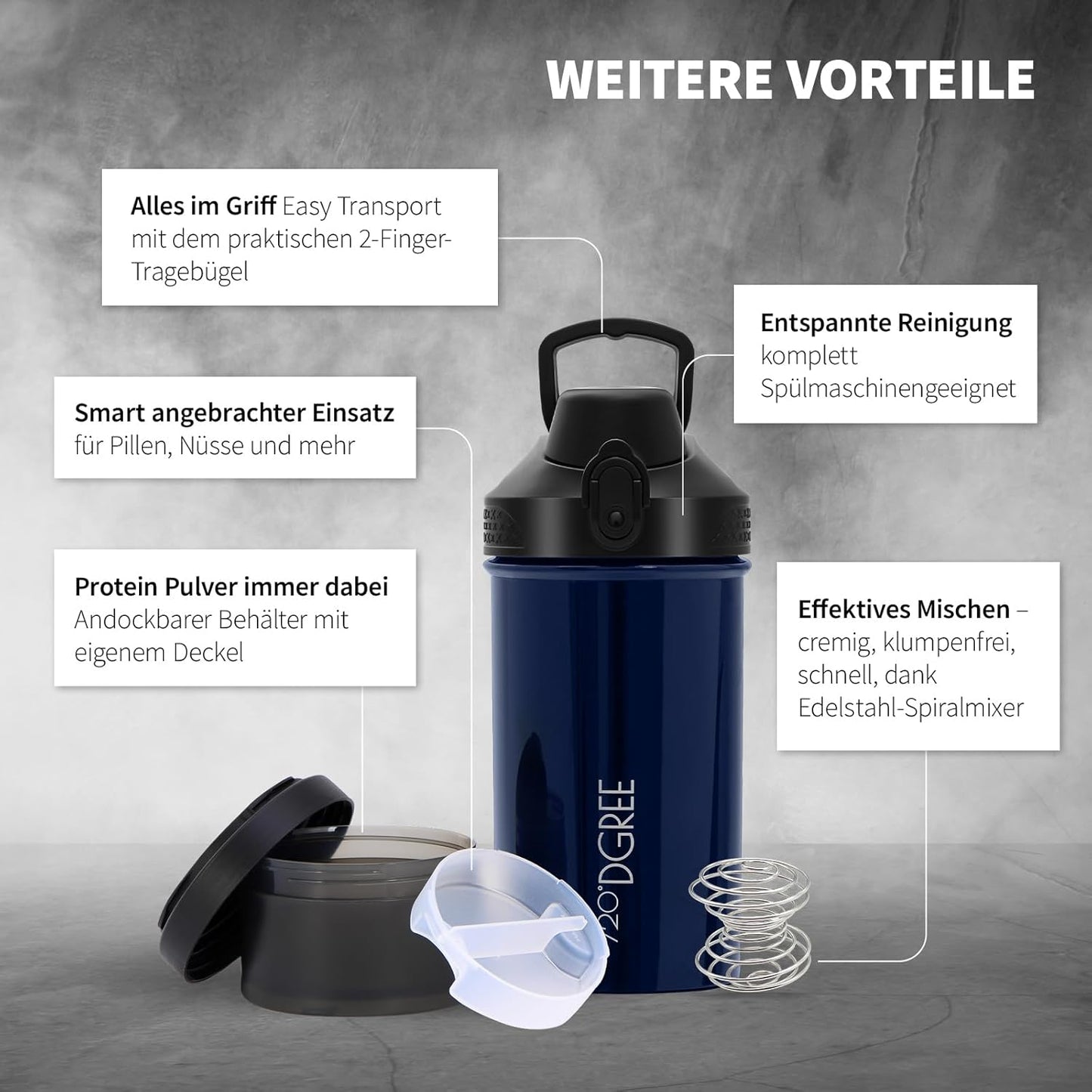 Proteinshaker mit Pulverfach und Spiralmixer, Sapphire Blue - Blau inkl. Container
