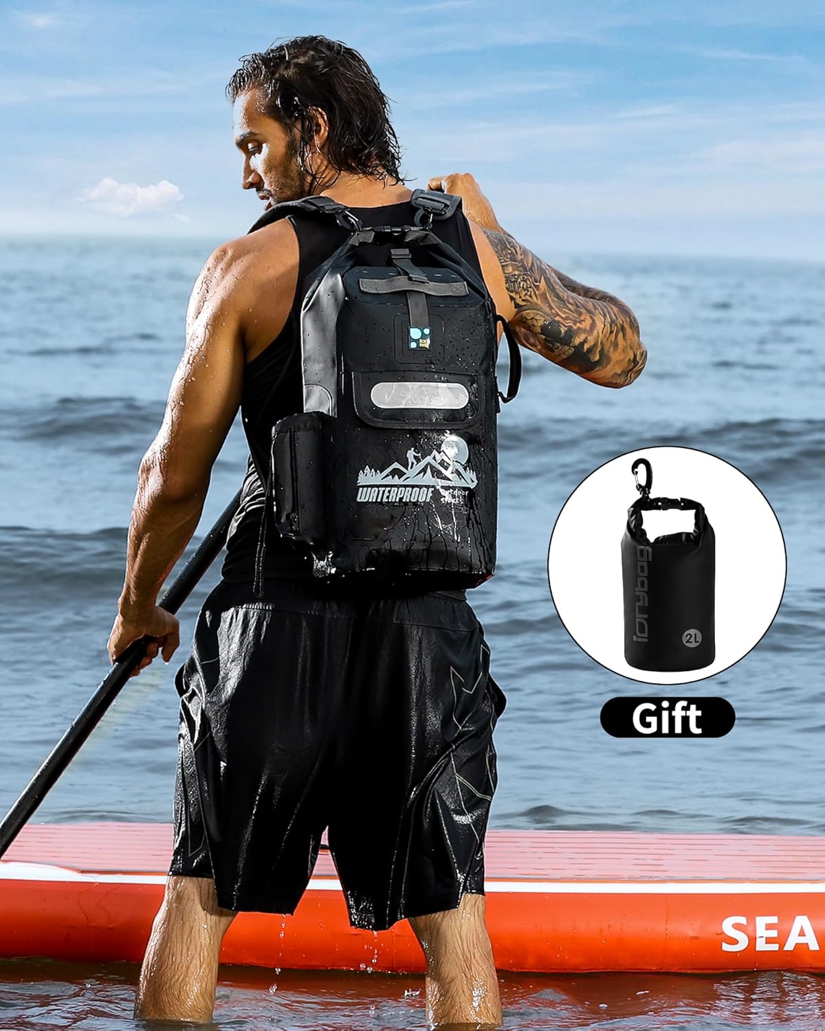 Wasserdichter Dry Bag Rucksack, 20 Liter, Schwarz 20L