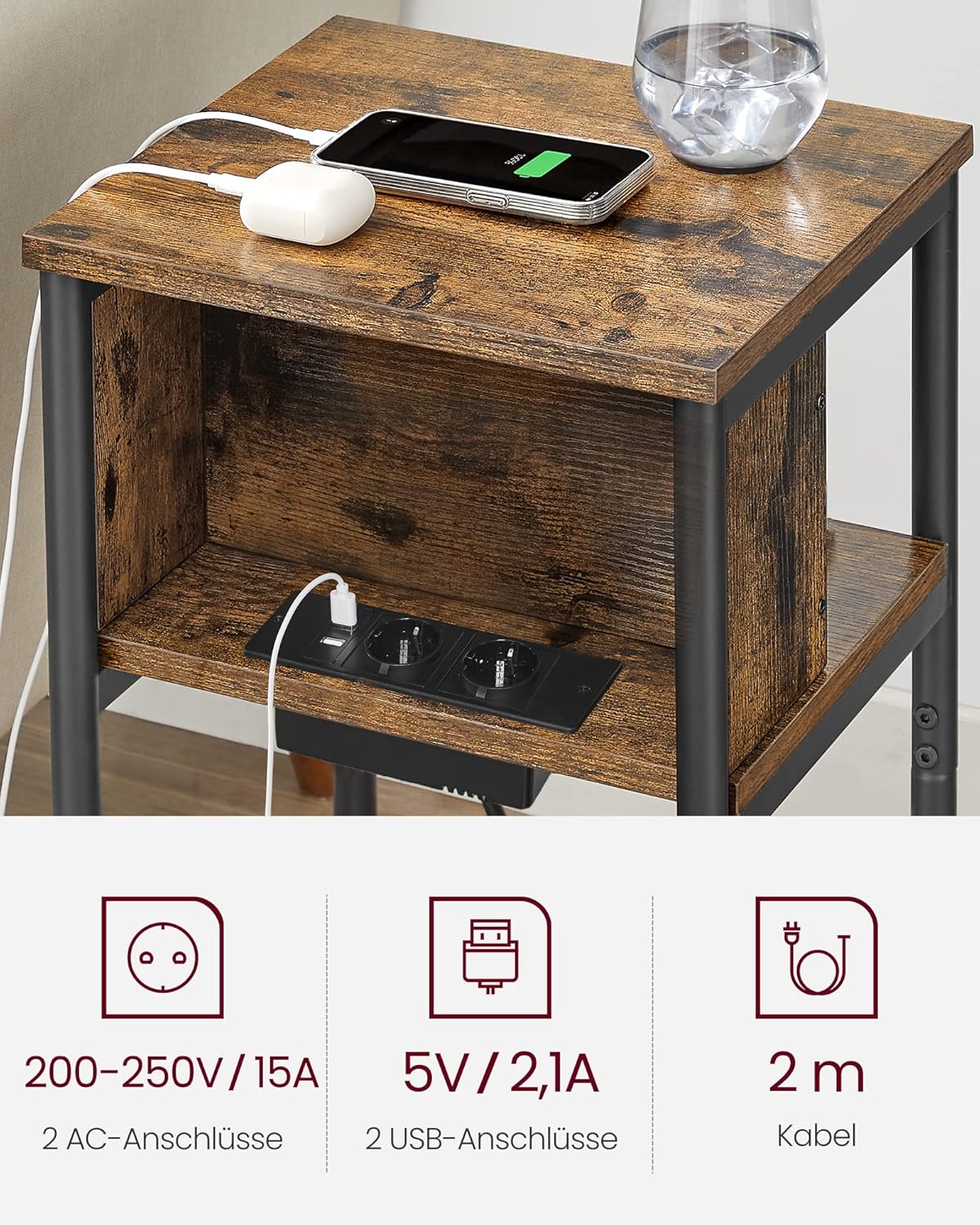 Beistelltisch Connect mit Steckdose und USB-Anschlüssen, Rustikales Braun + Schwarz