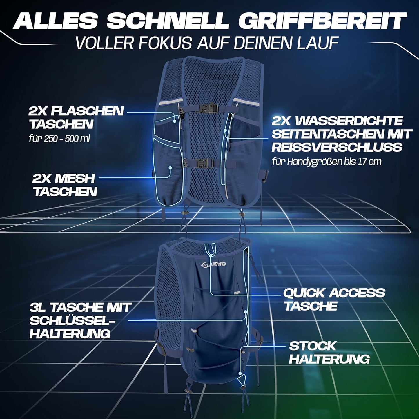 Ultraleichte Laufweste mit Trinkflaschen (5L), navyblau - mit 2x500ml 5L