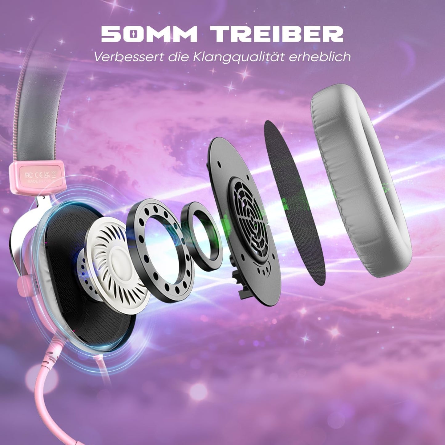 Gaming Headset mit Mikrofon, new pink