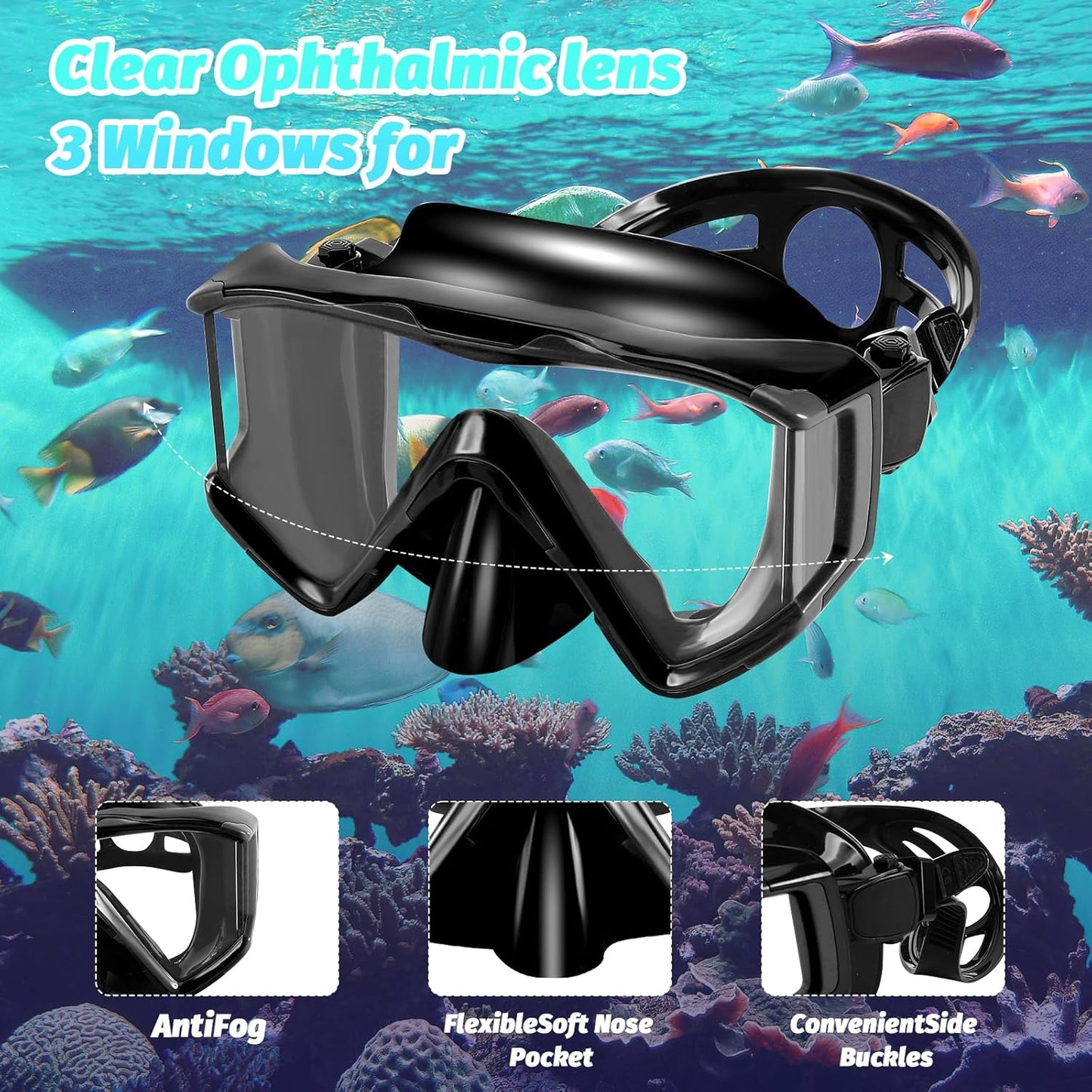 Schnorchelset mit Tauchmaske und Dry Schnorchel, Schwarz