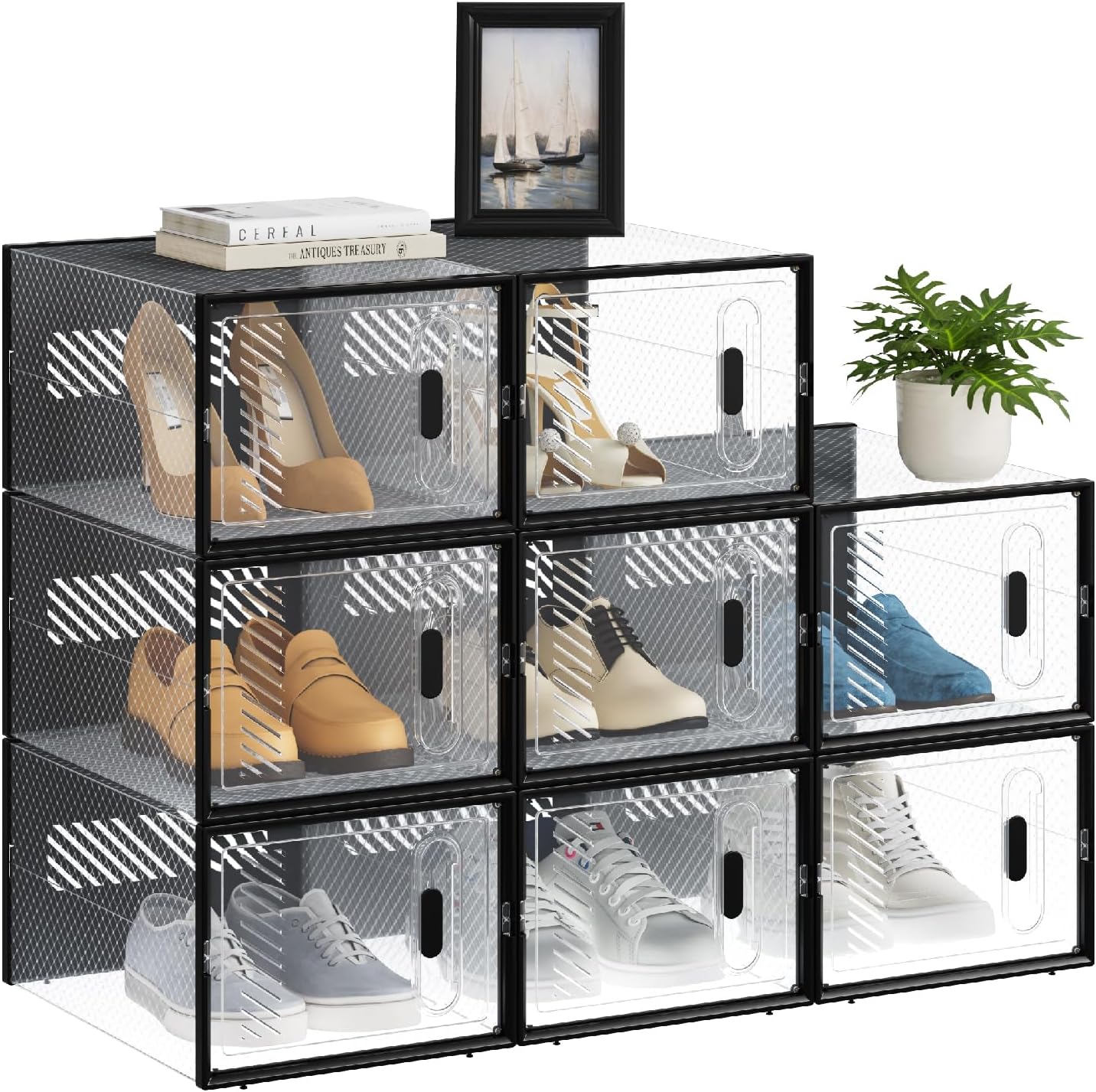Stapelbare Schuhaufbewahrungsboxen-Set (8 Stück), Transparent+schwarz 8er 35x19x25 cm