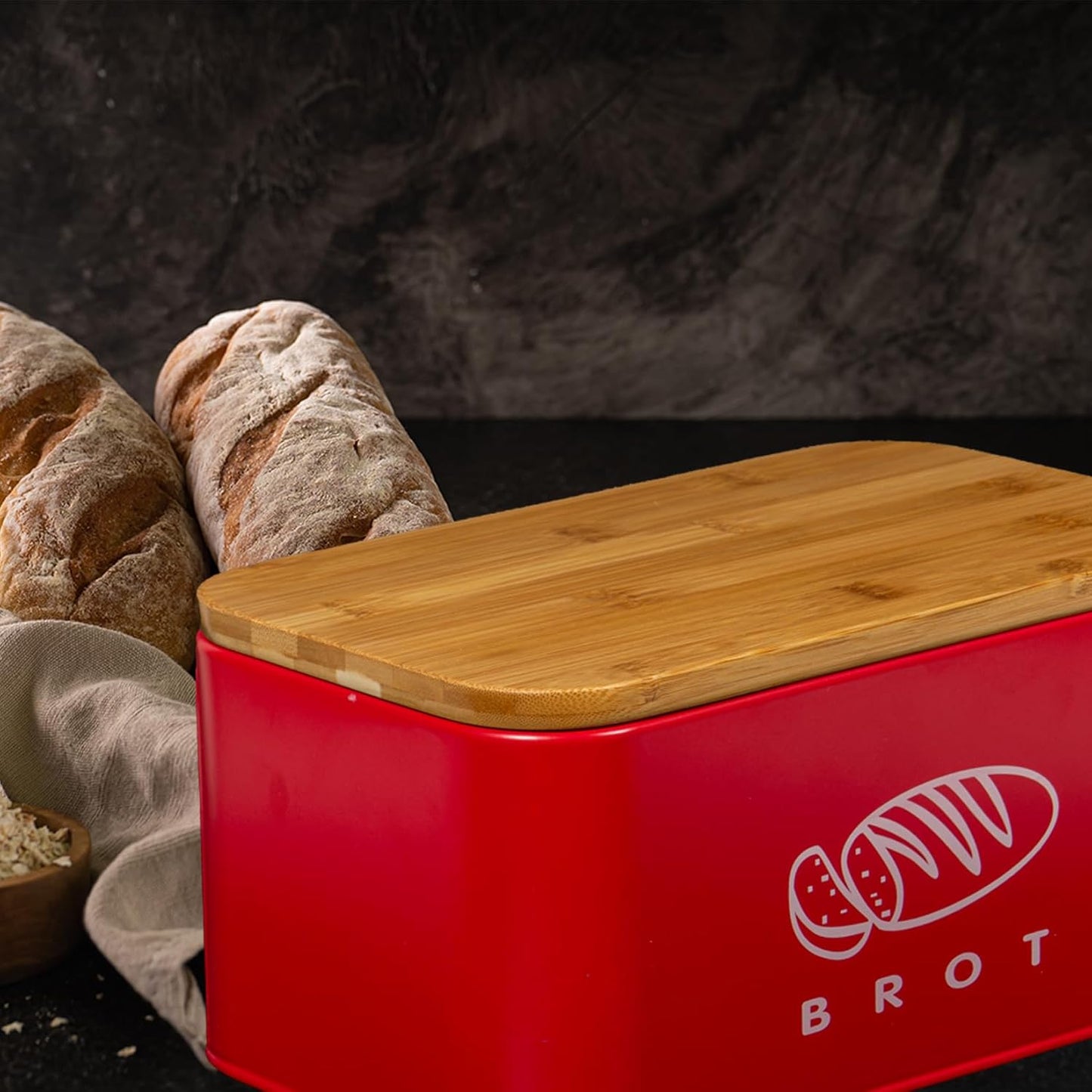 Retro Brotkasten mit Bambusdeckel und Schneidebrett-Funktion, Rot-30cm