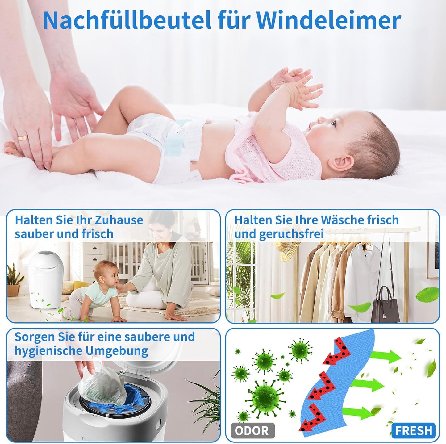 12-teiliges Nachfüllkassetten Set für Windeleimer, Blau,12 Stück