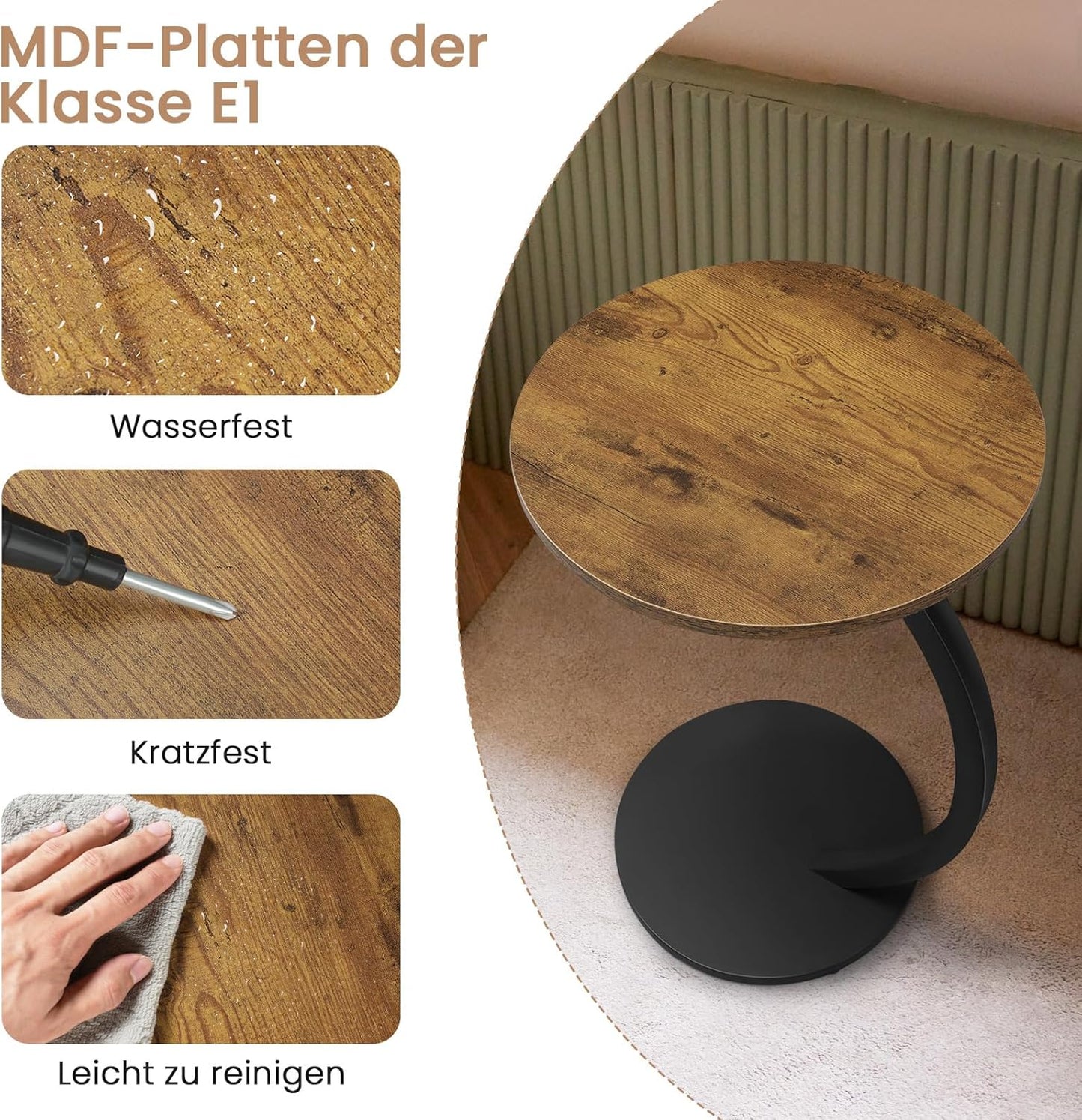 C-förmiger Beistelltisch in Vintage-Optik BTS21hov, Vintage-holzoptik