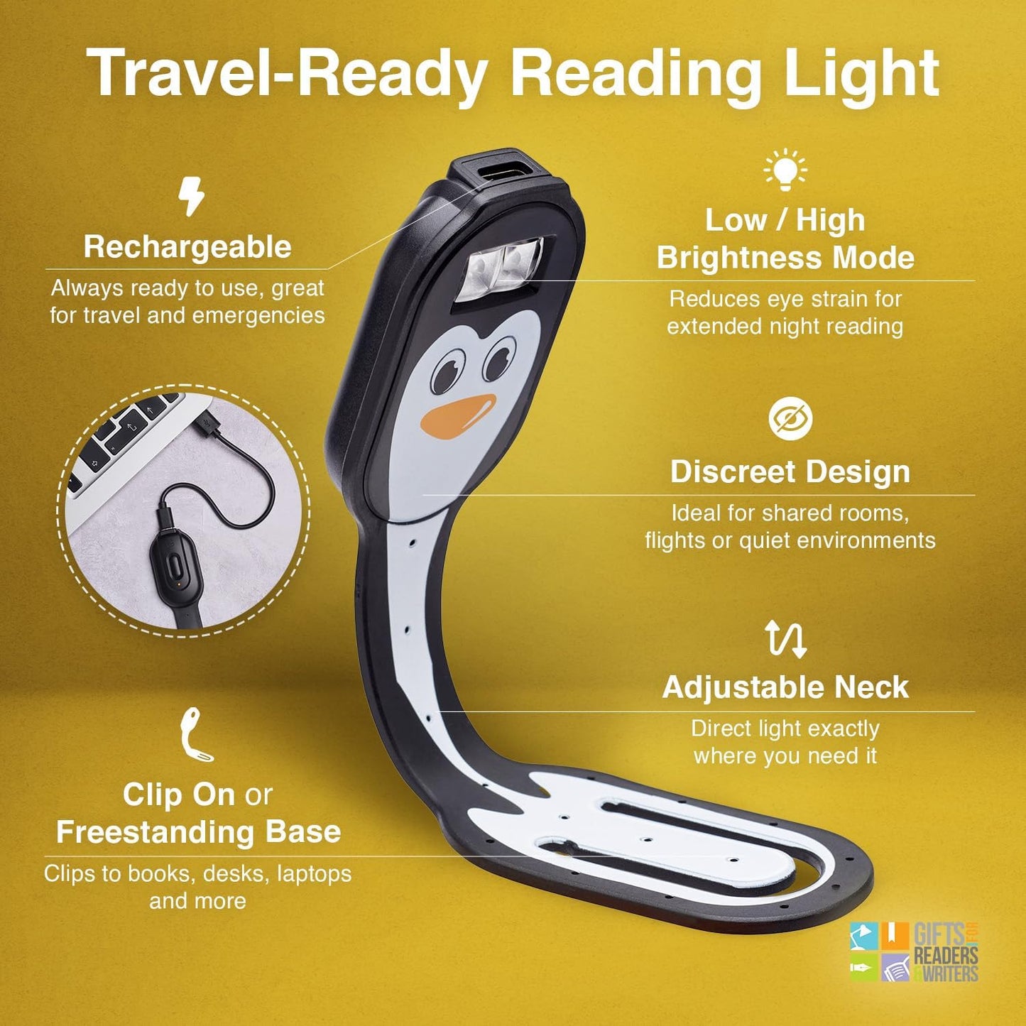 Flexilight 2-in-1 Clip On Leselampe & Lesezeichen, wiederaufladbar, Puinguin