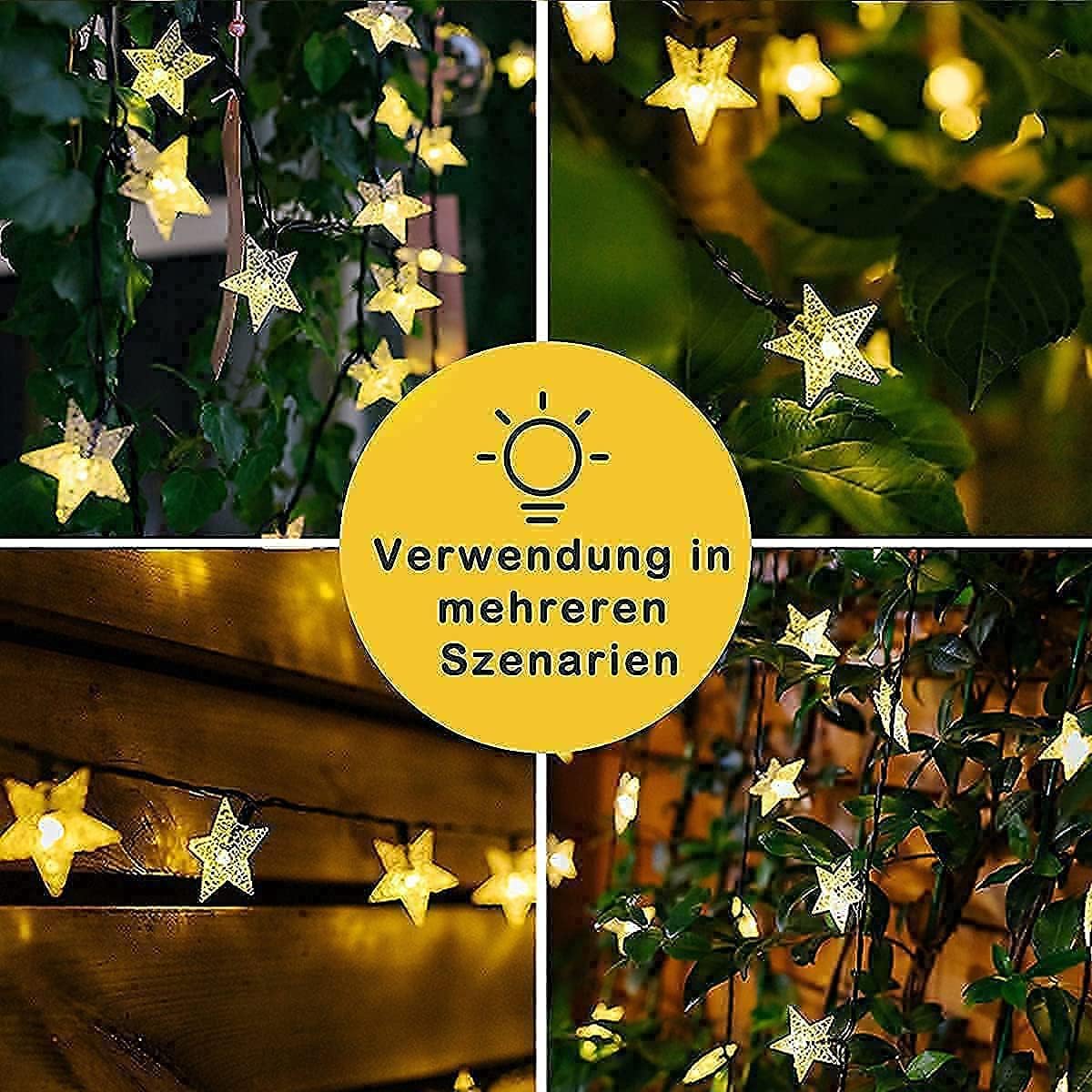Solarlichterkette mit Sternen, 15m, wetterfest, Warmweiss (1,19 €/M)