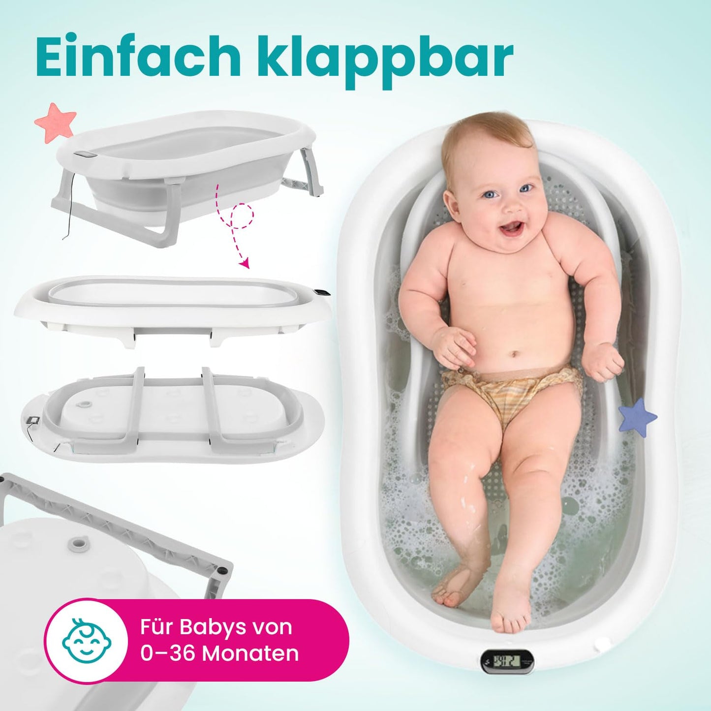 Faltbare Babybadewanne mit Badesitz und Thermometer, Premium Beige (Gestell, Badesitz, Thermometer) Faltbare Babybadewanne mit Gestell