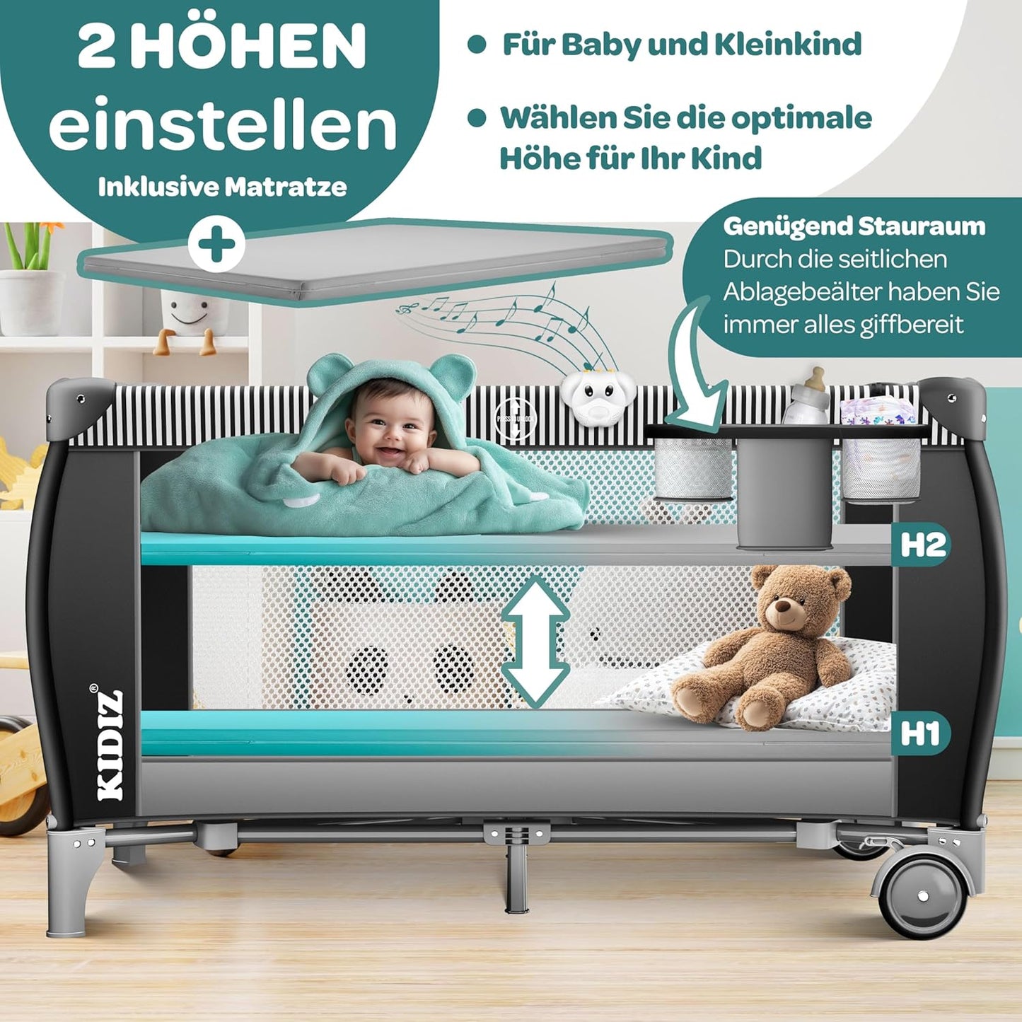 Klappbares Babyreisebett mit Matratze & Zubehör, Schwarz