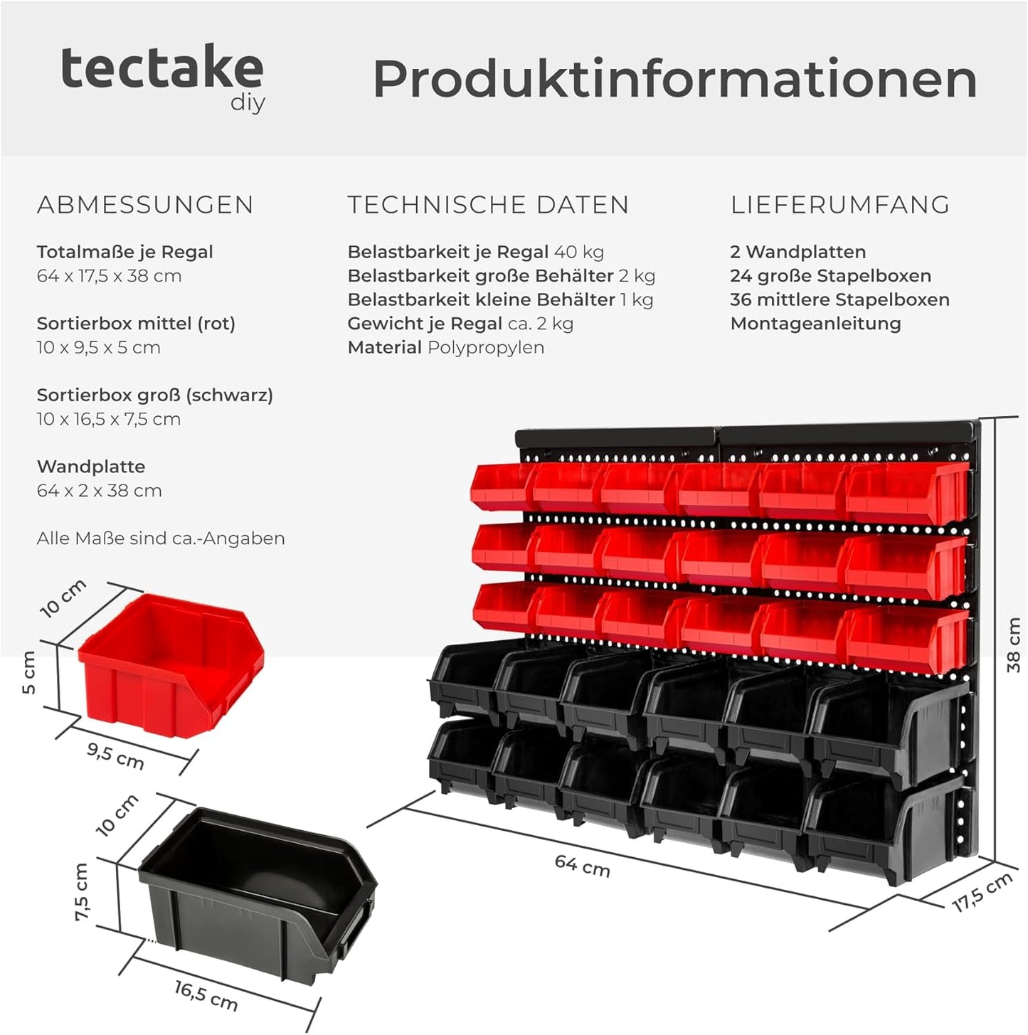 Werkstatt-Wandregal mit Stapelboxen, 64 x 38 x 17.5 cm | 2 Shelf Units, Rot, Schwarz