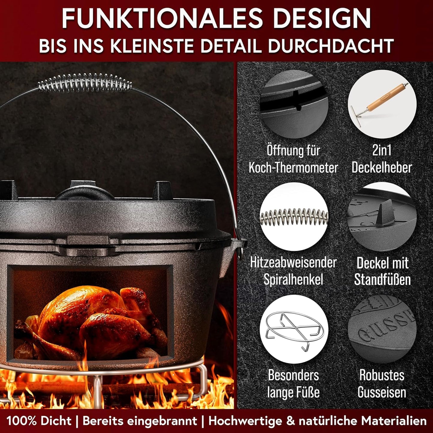 12-teiliges Dutch Oven Set mit Rezeptbuch & Pflegepaste, Schwarz Medium Set