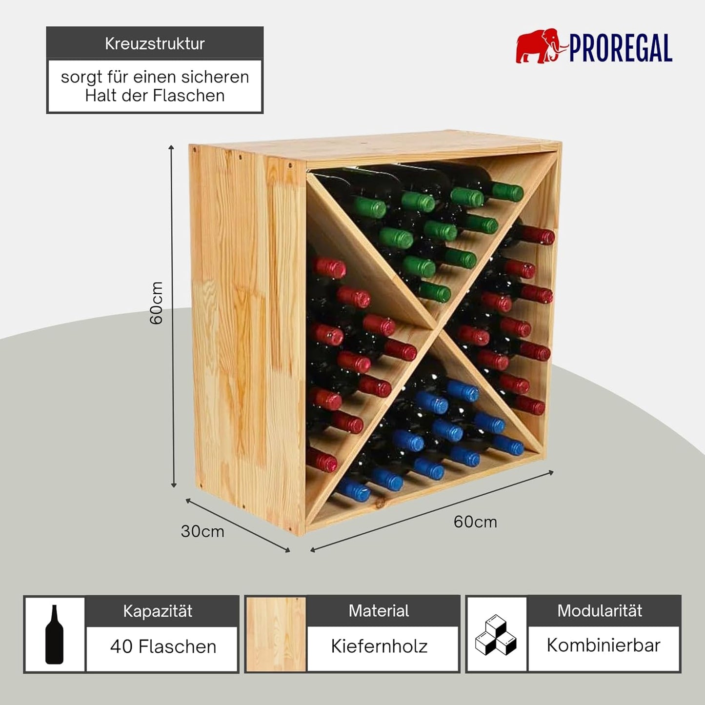 Modulares Weinregal für 40 Flaschen, Kreuz Modul für 40 Flaschen Kiefer Natur