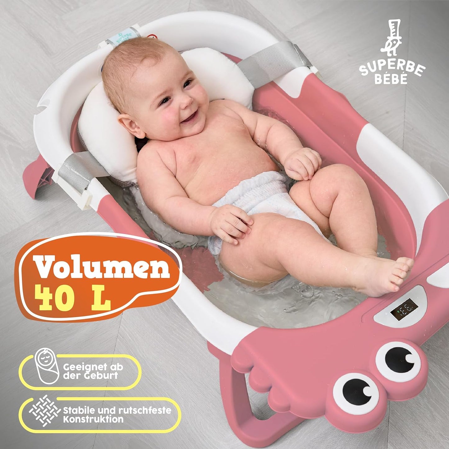 Faltbare Babybadewanne mit Rutschschutz & Thermometer, 2 x faltbar ROSA