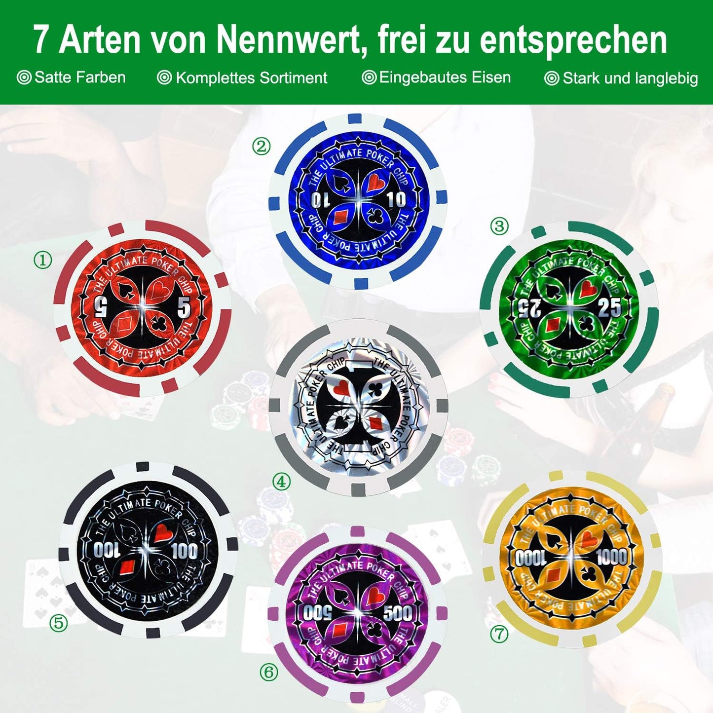 Pokerset im Aluminiumkoffer 500 Chips, Schwarz